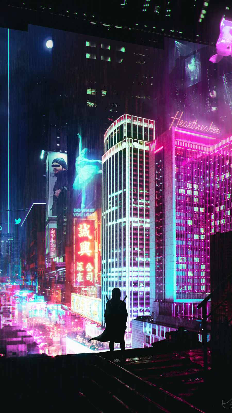 Neon City Lights, Cyberpunk iPhone X, rooftop, HD Phone Wallpaper