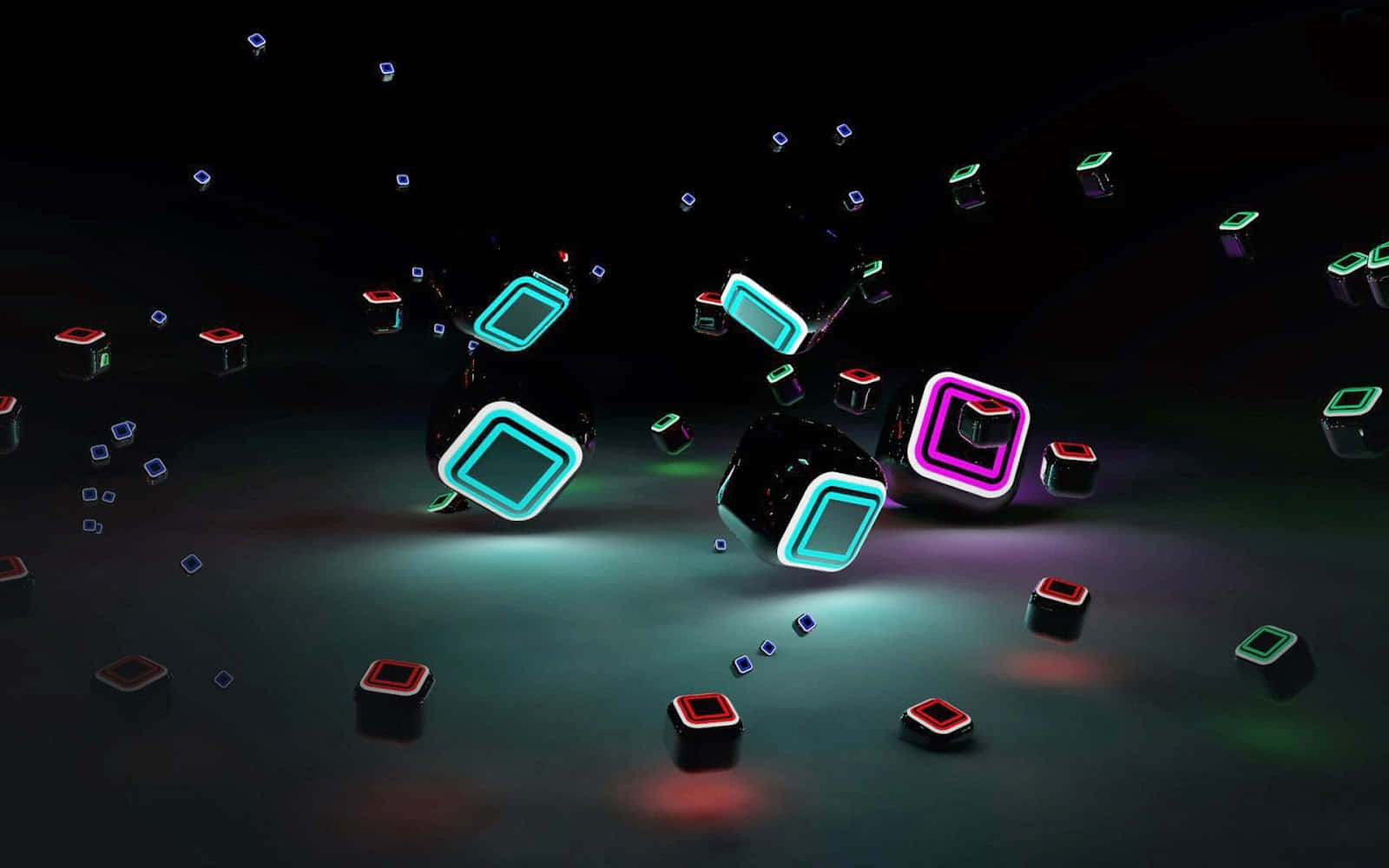 neon cubes, dark reflective surface, vibrant colored light, HD Desktop Wallpaper