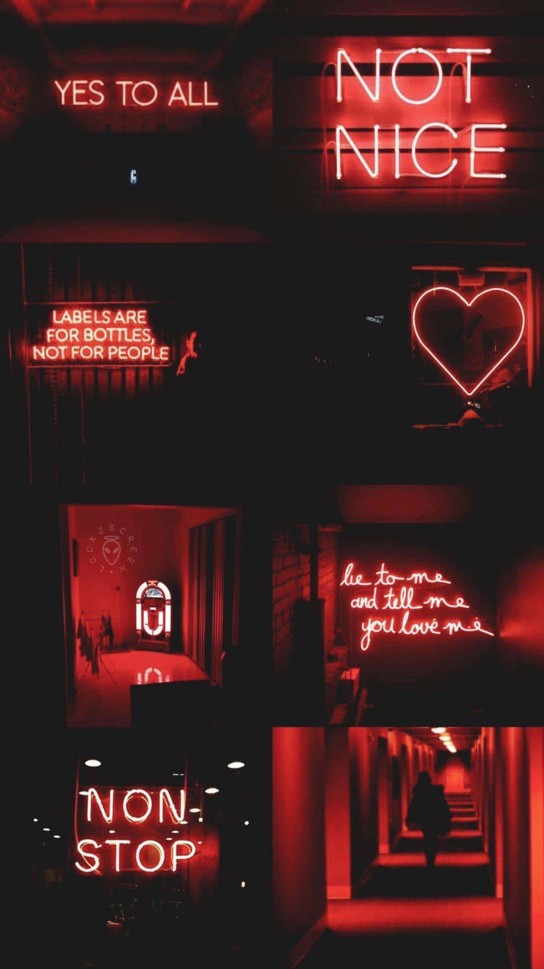 Aesthetic Grunge Red Neon Collage Art Signs, glowing red neon signs, bold phrases, Full HD Phone Wallpaper