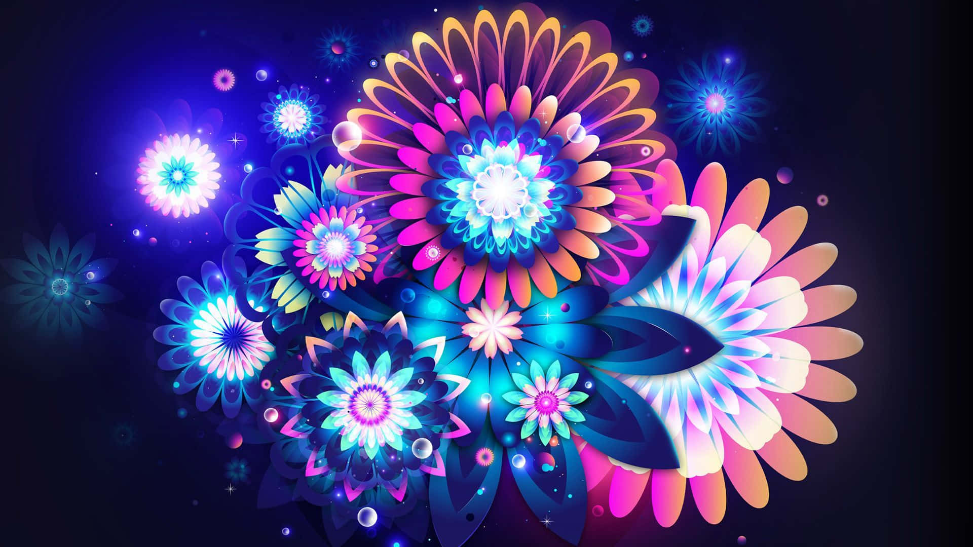 neon colors, neon flowers, dark cosmic backdrop, Full HD Desktop Wallpaper