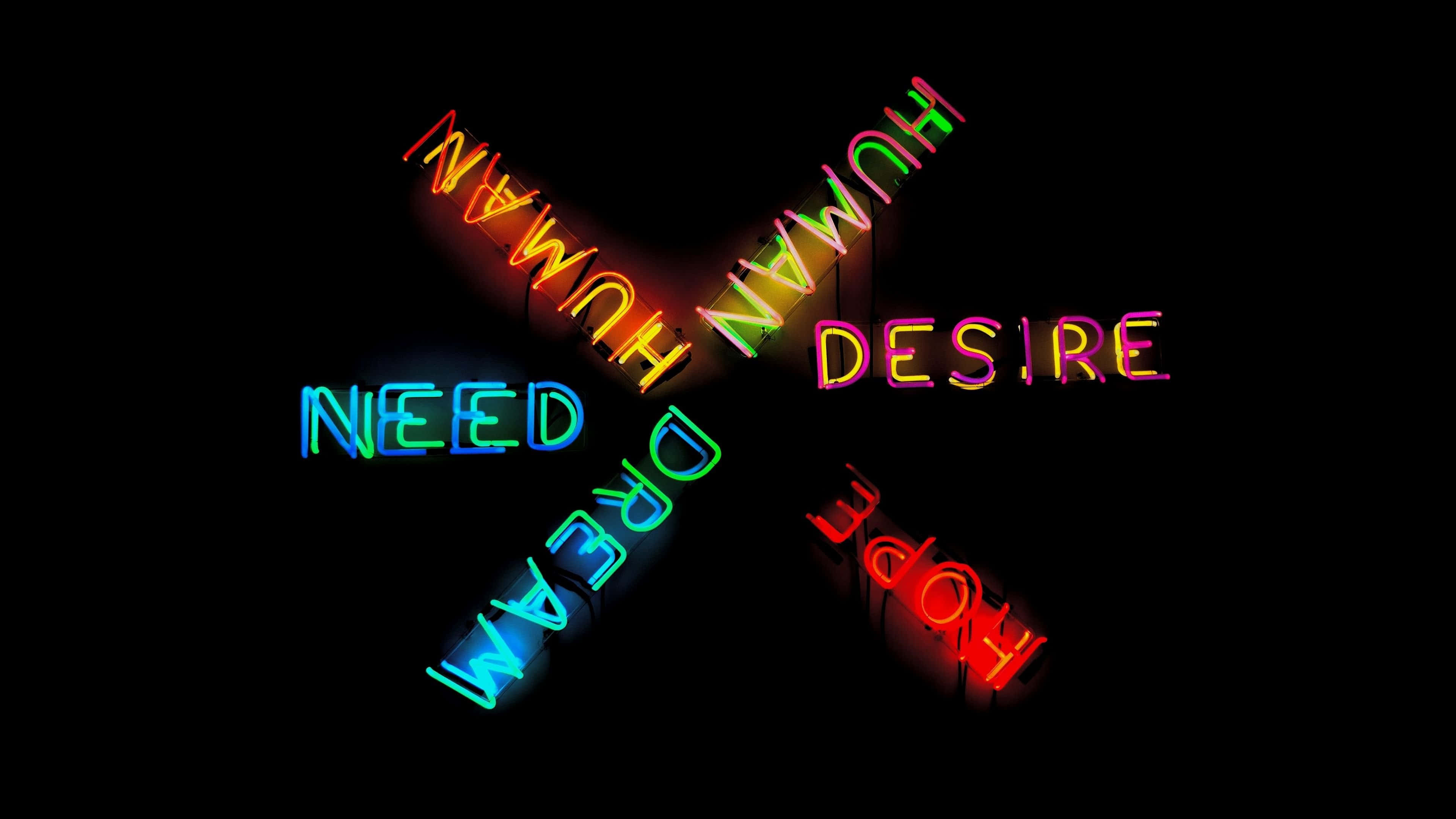 neon signs, black background, human need, 4K Desktop Wallpaper