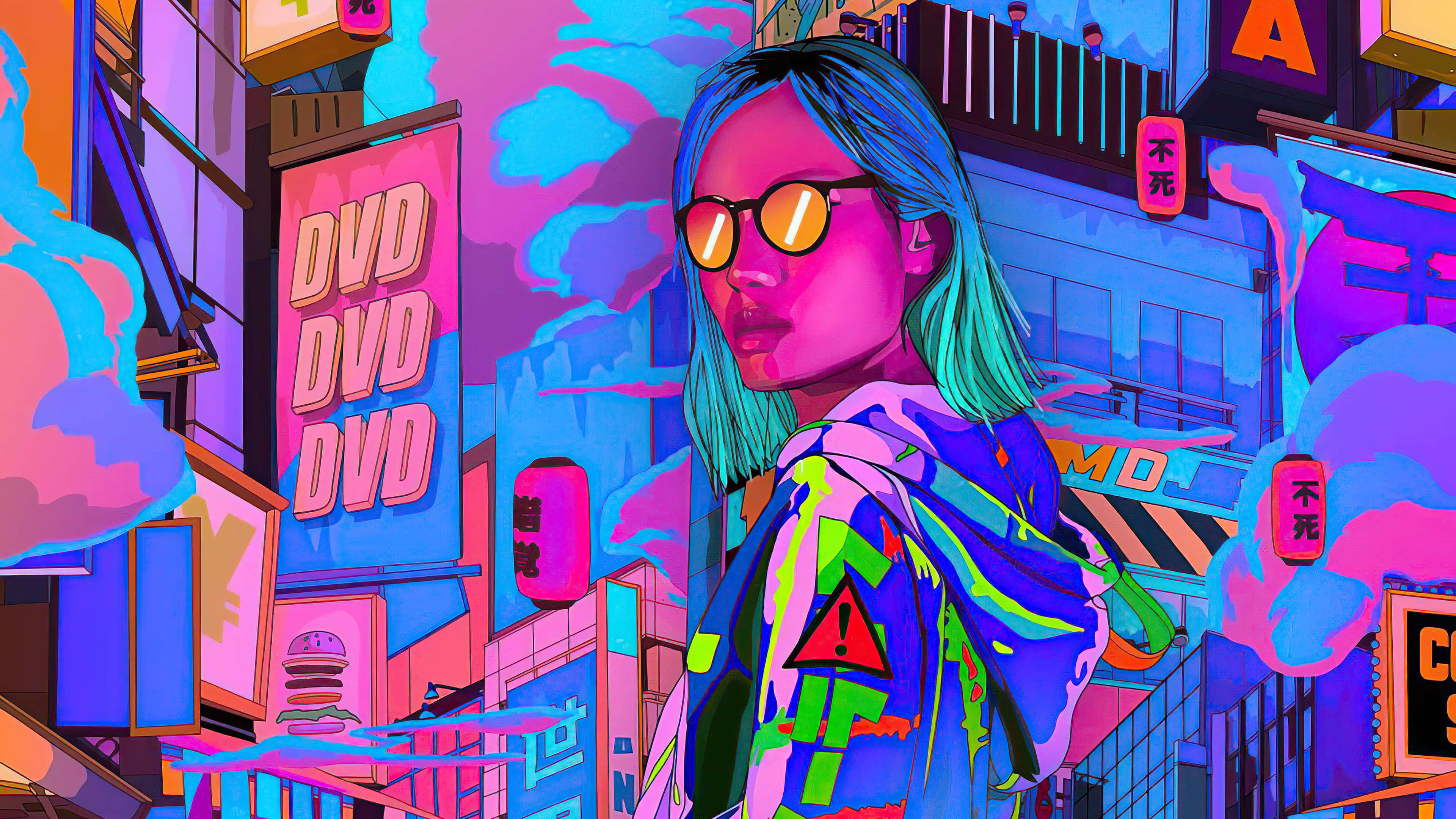 blue hair, orange glasses, neon-drenched cyberpunk cityscape, 4K Desktop Wallpaper