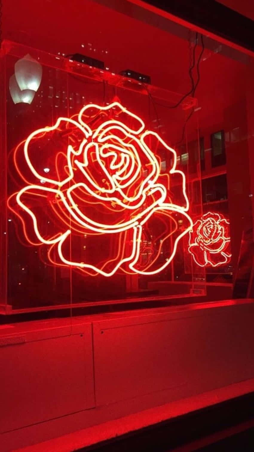 red neon rose, glowing red neon, glass window, HD Phone Wallpaper