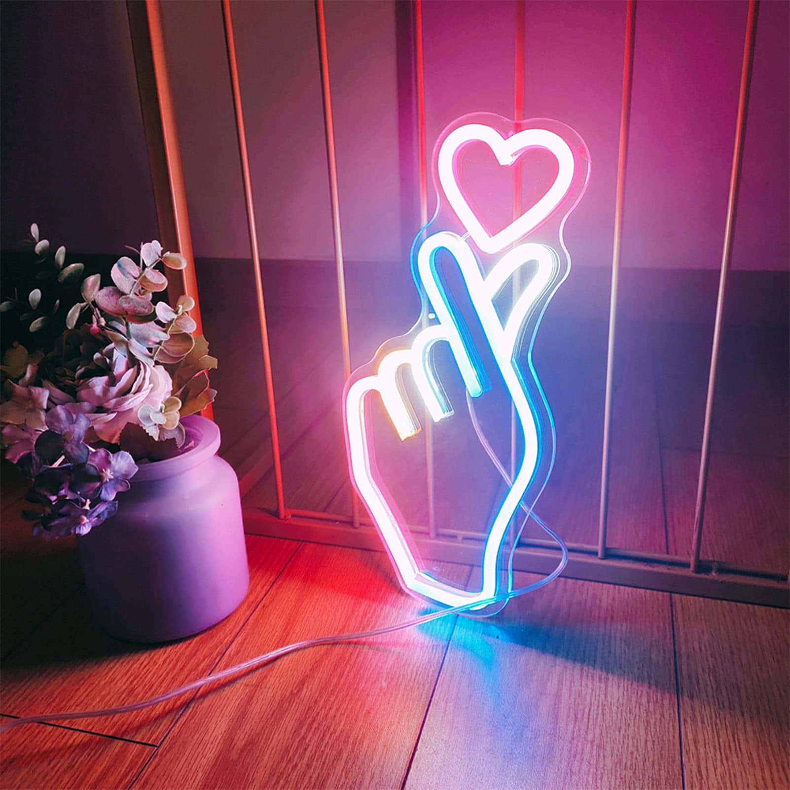 Aesthetic Grunge Pink And Blue Neon Love Oppa Signs, neon sign, hand making a heart gesture, HD Desktop Wallpaper