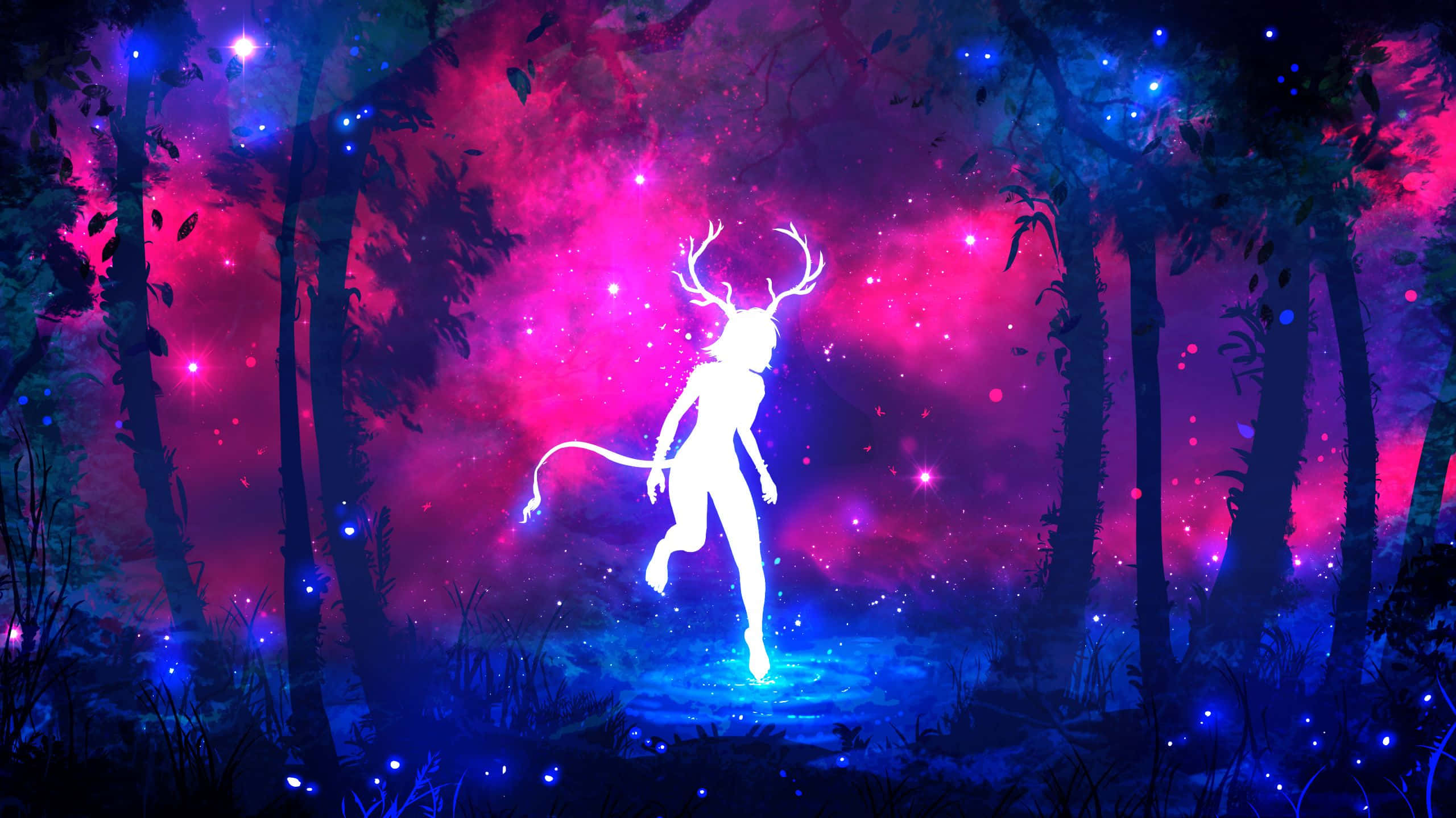 Neon Colors, glowing white deer-headed figure, mystical forest, 2K Desktop Wallpaper