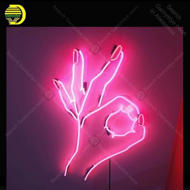 pink neon sign, OK gesture, dark wall, SD Desktop Wallpaper