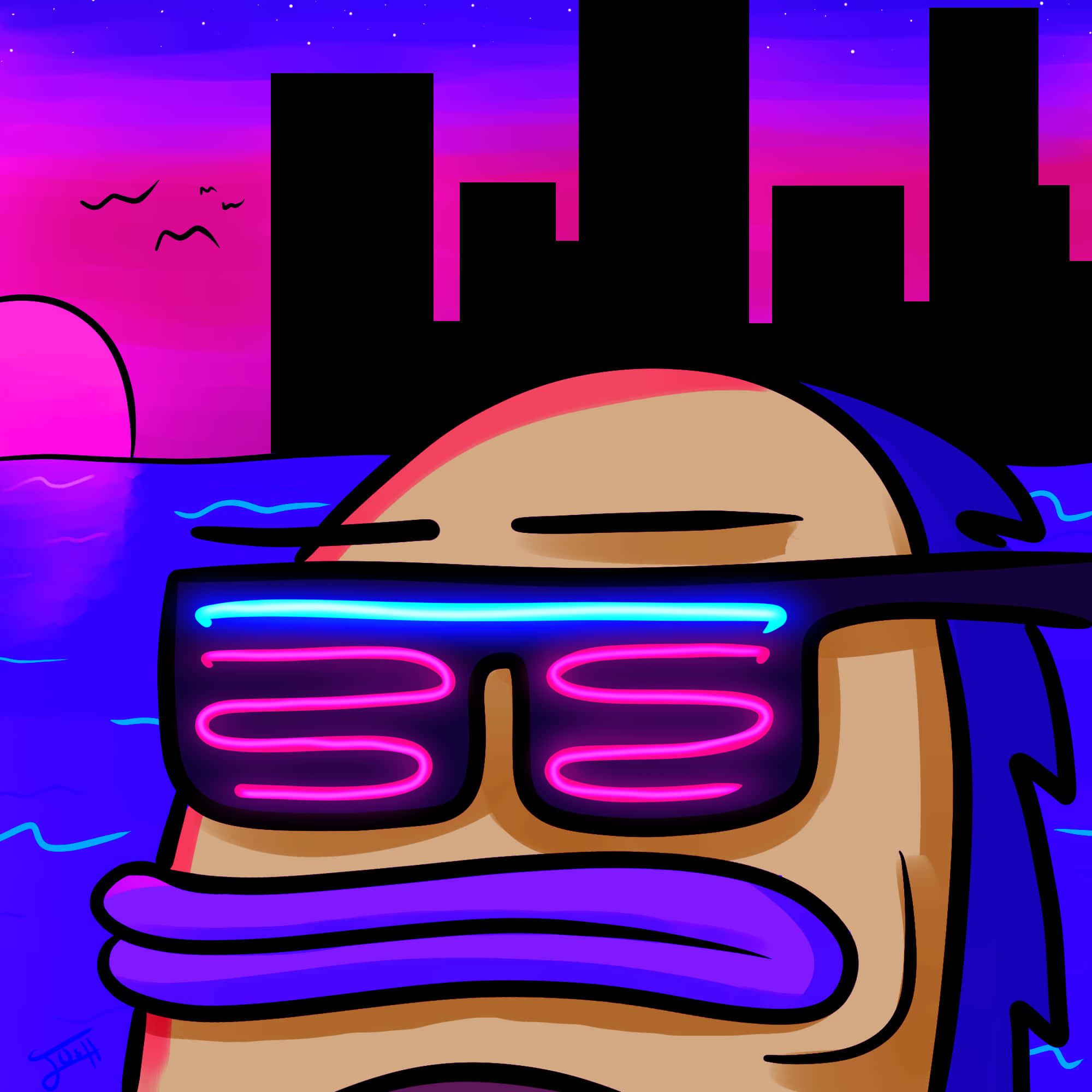 cartoon character, glowing neon sunglasses, vibrant purple and pink city skyline, Full HD Desktop Wallpaper