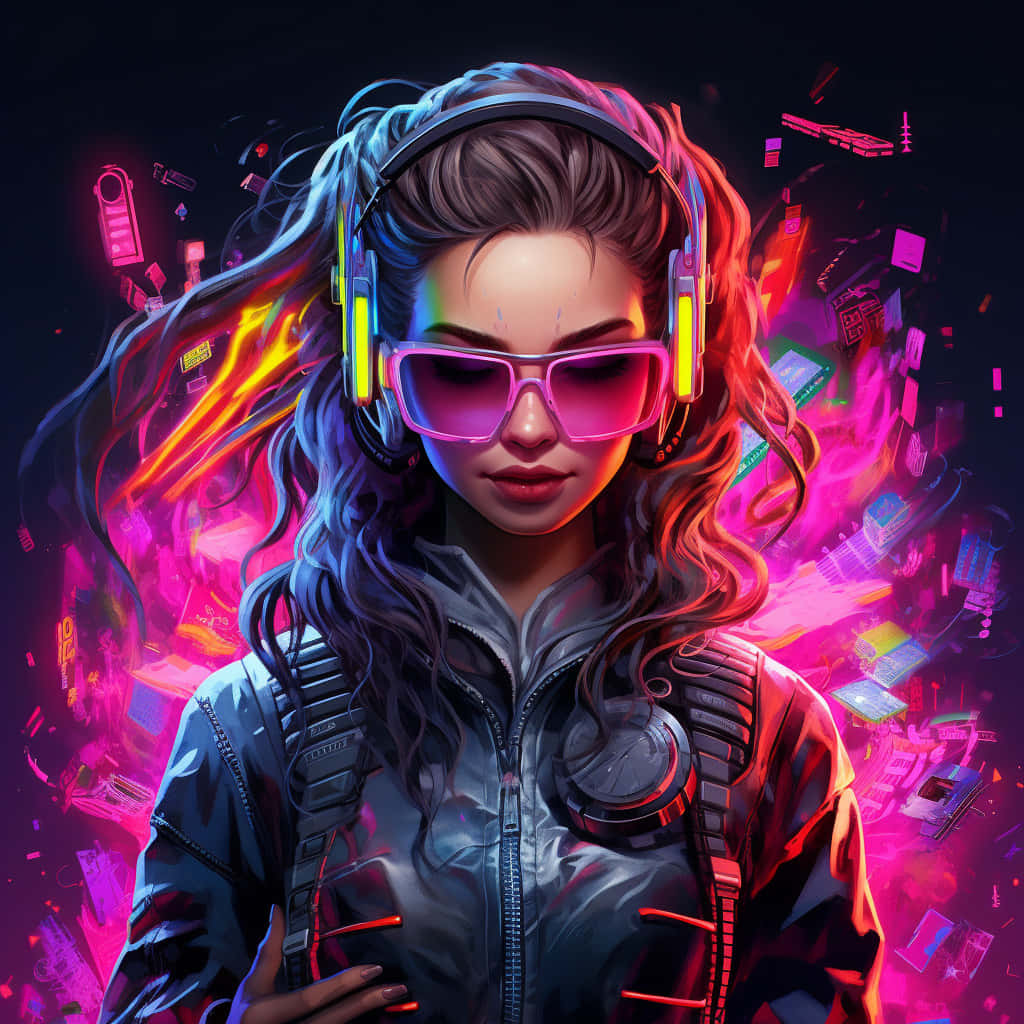 cyberpunk woman, glowing headphones, pink sunglasses, SD Desktop Wallpaper