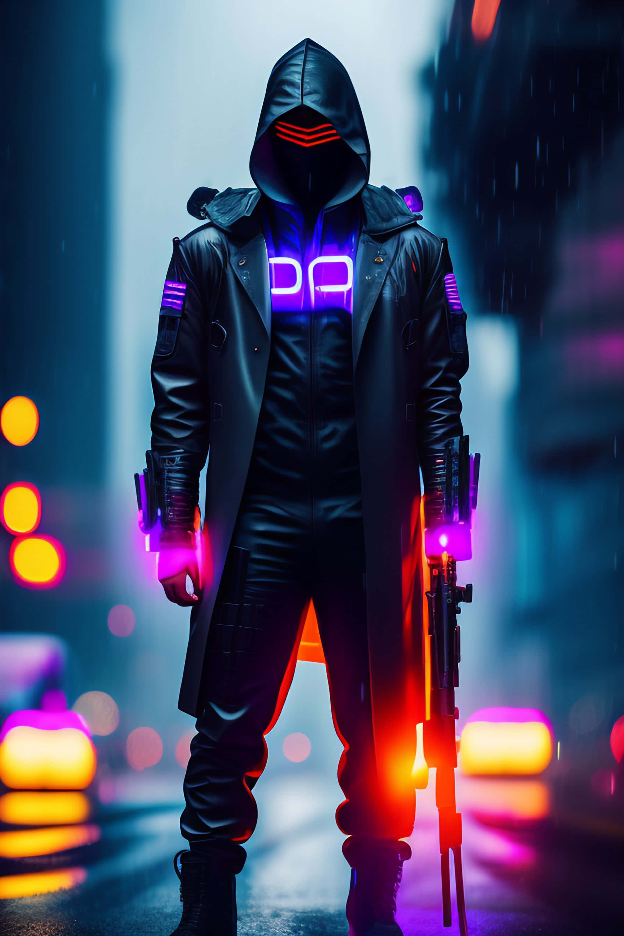 Cyberpunk Vigilantein Neon Rain, neon-lit city street, glowing black trench coat, 2K Phone Wallpaper
