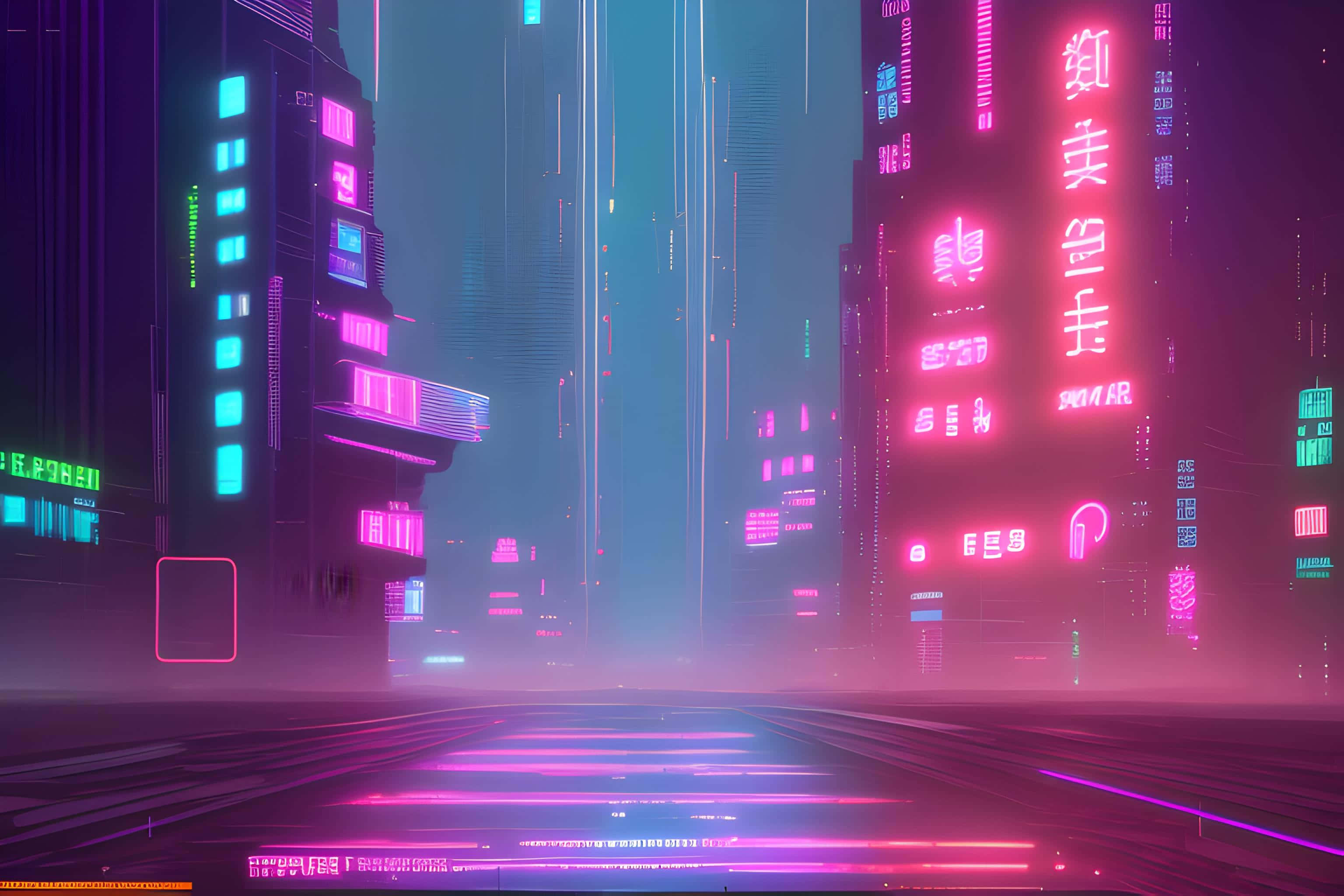 Neon Cyberpunk Cityscape, pink, teal, 2K Desktop Wallpaper