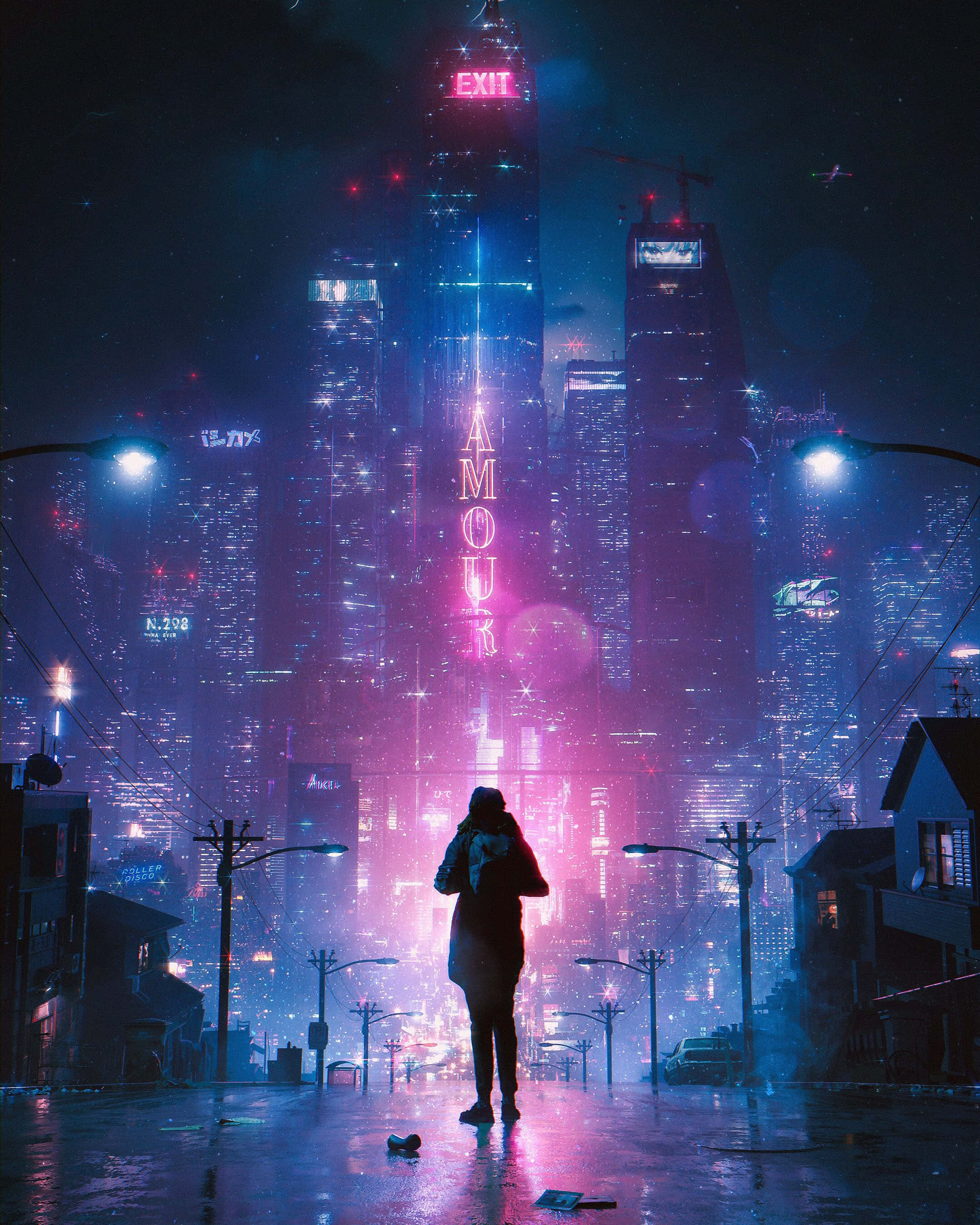 Neon Cyberpunk Cityscape, pink and blue lights, rain-slicked neon streets, 2K Phone Wallpaper