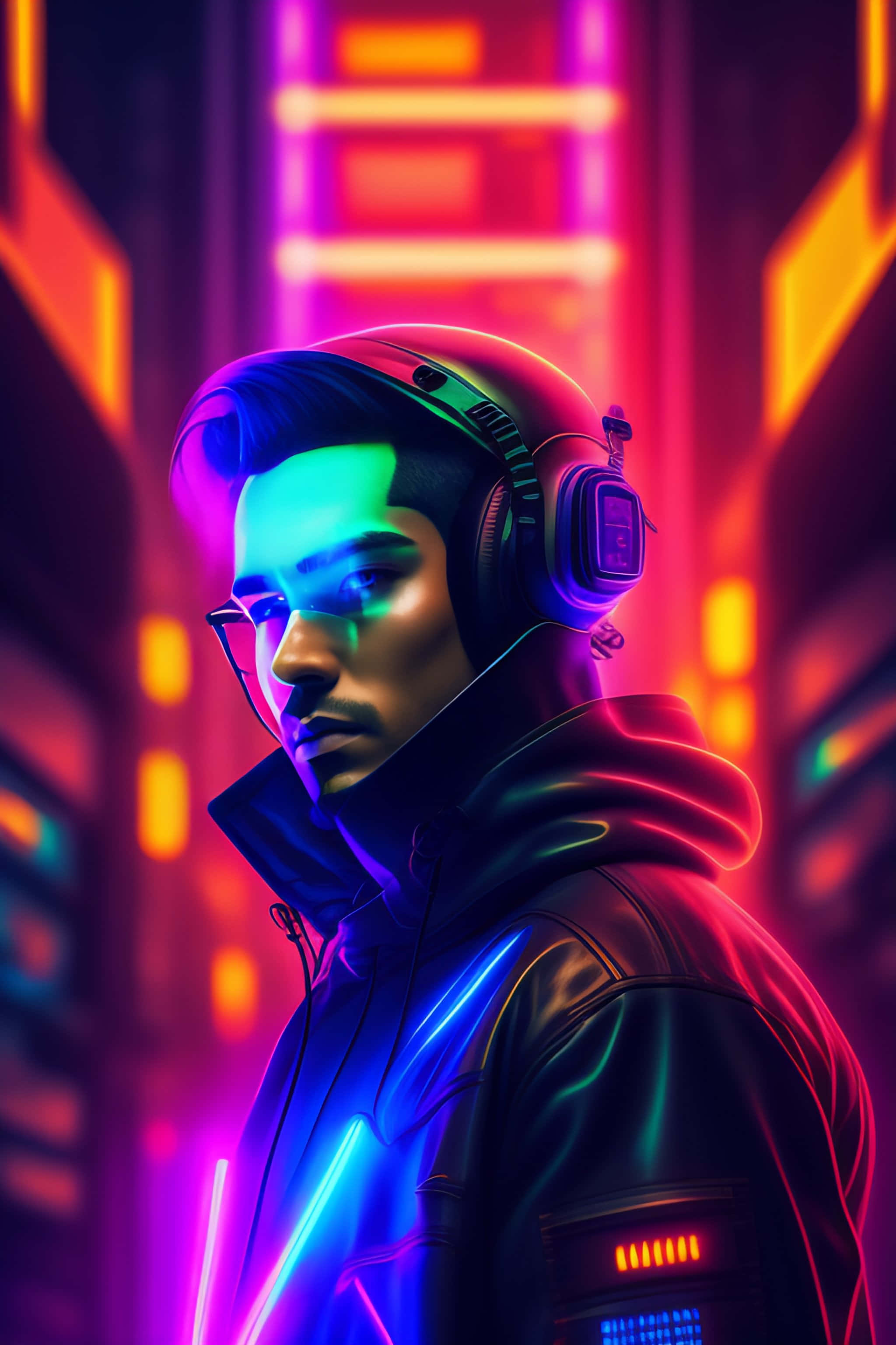 cyberpunk, neon-lit urban alleyway, glowing headphones, 2K Phone Wallpaper