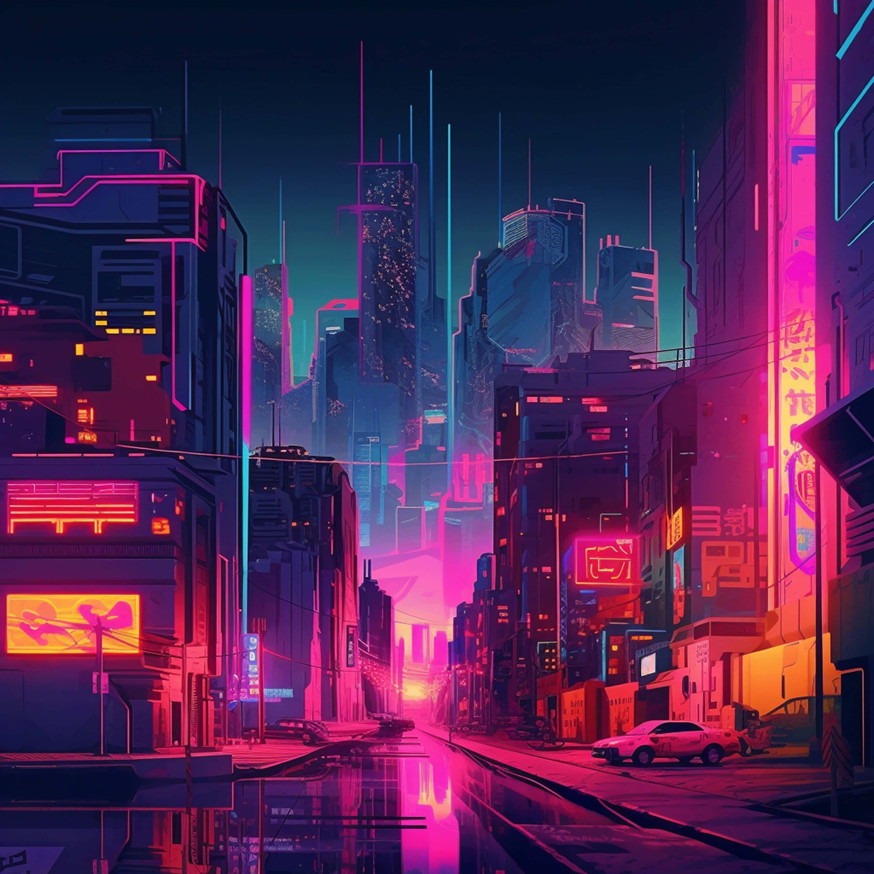 Neon Cyberpunk, city street, night, 2K Desktop Wallpaper