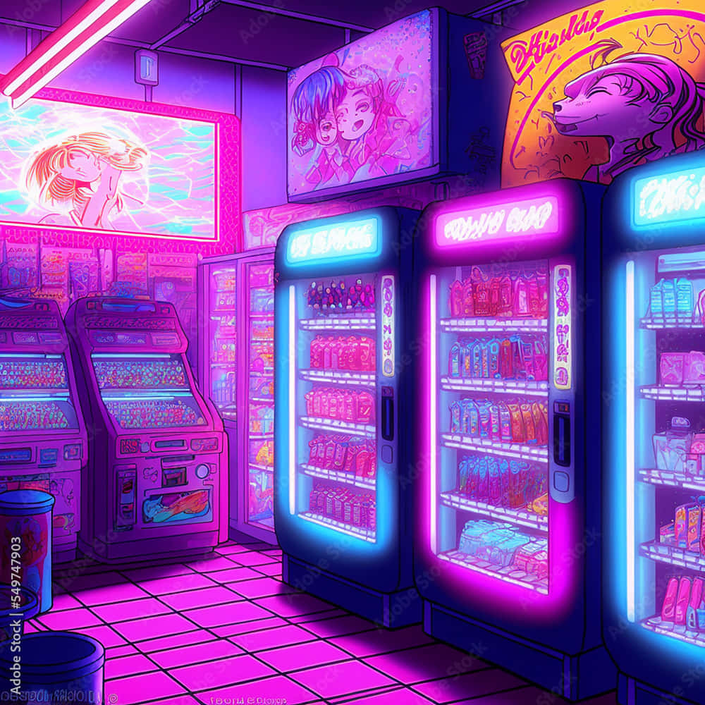 Neon Cyberpunk, vending machines, arcade room, SD Desktop Wallpaper