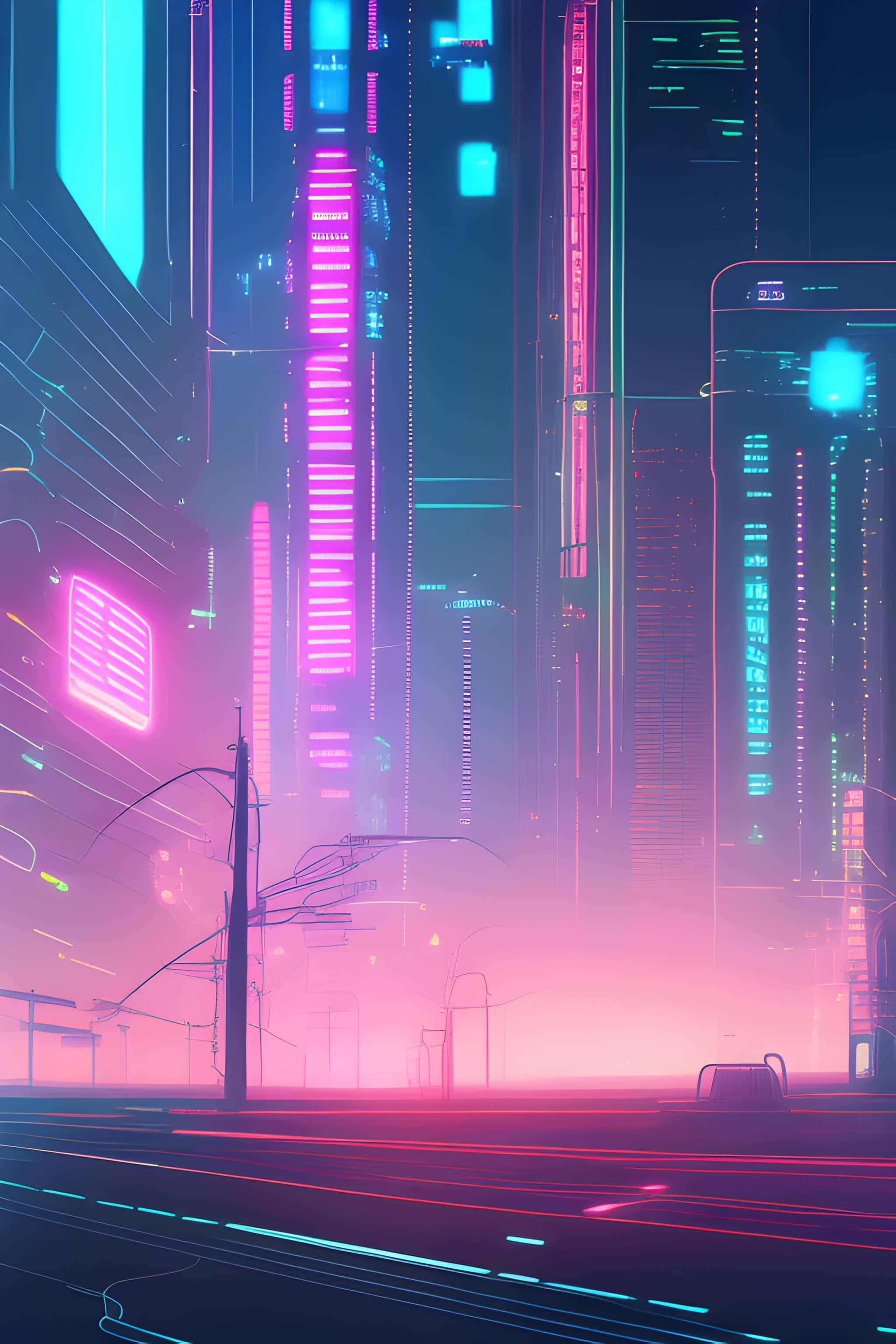 Neon Cyberpunk Cityscape, dusk, towering skyscrapers, 2K Phone Wallpaper