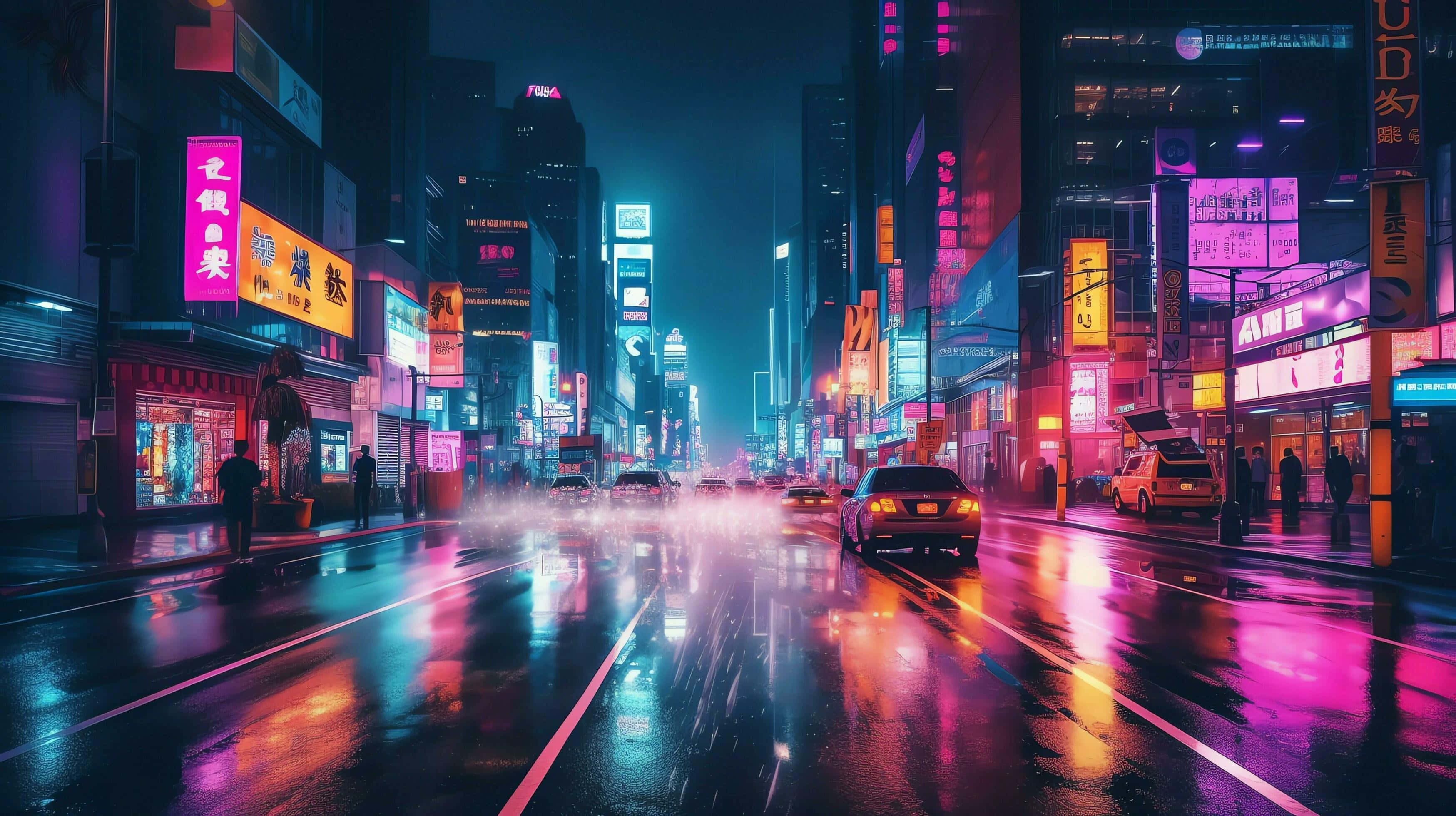 Neon Cyberpunk, city street, night, 2K Desktop Wallpaper