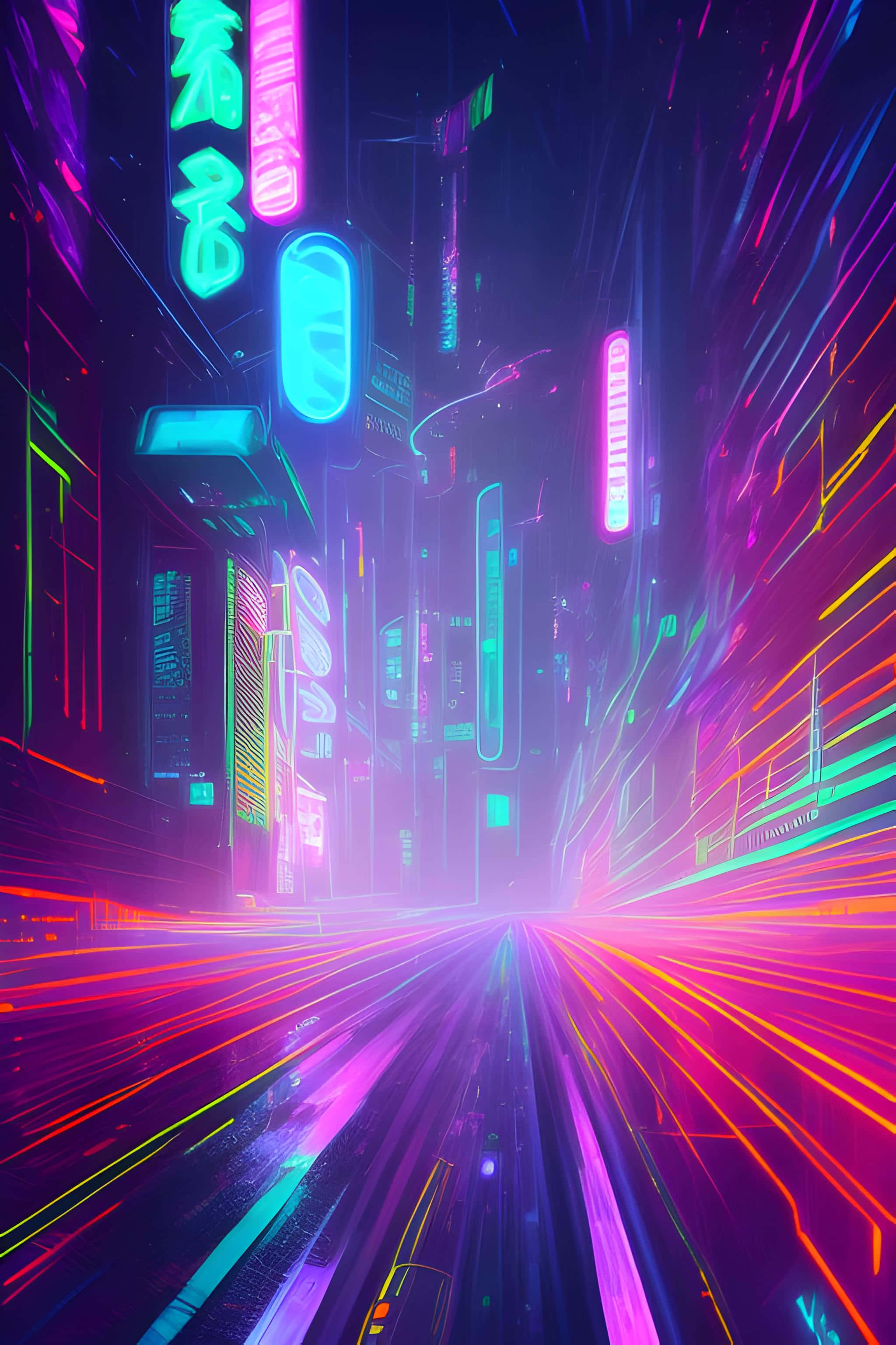 Neon Cyberpunk, city street, glowing signs, 2K Phone Wallpaper