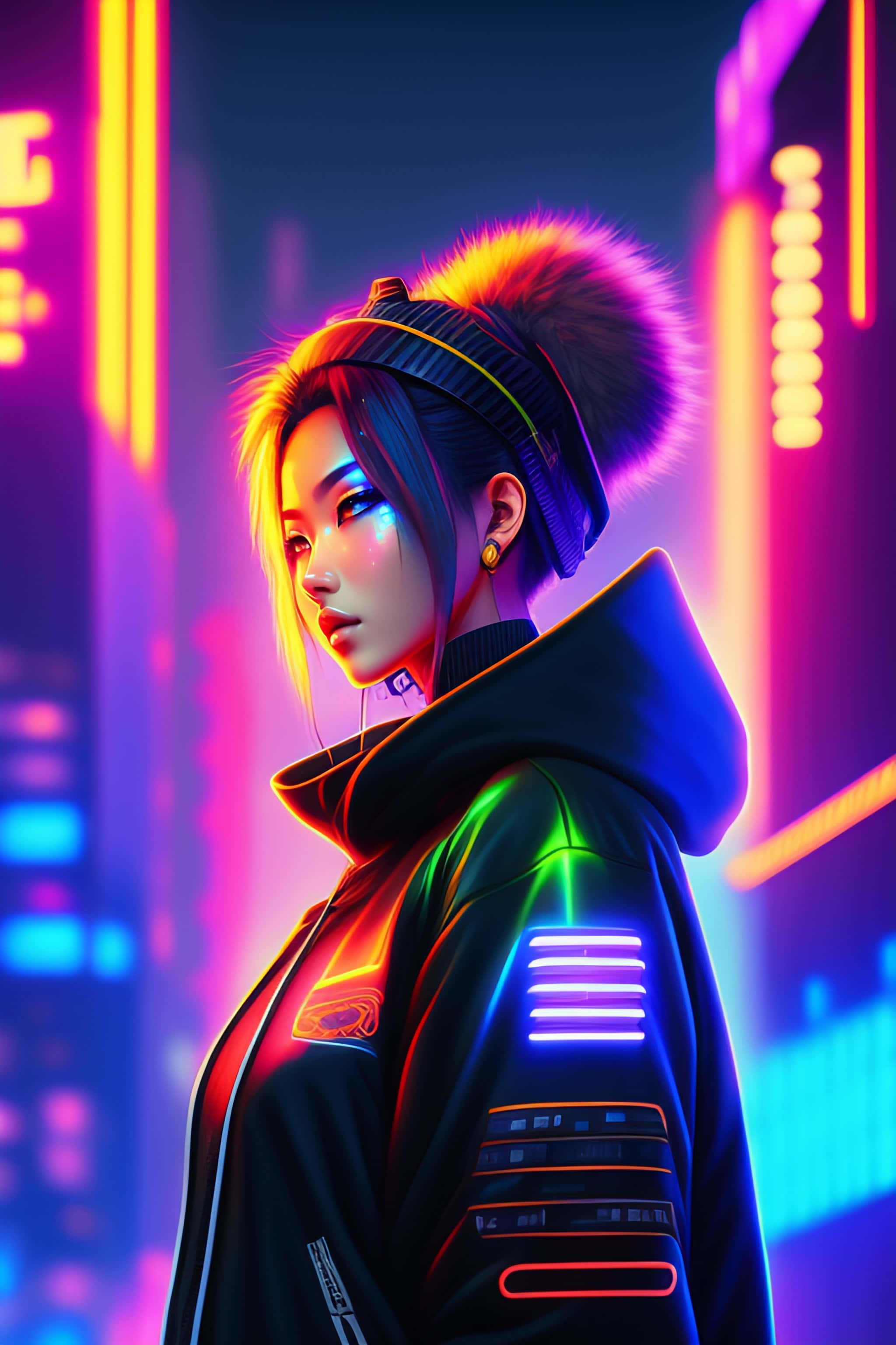 cyberpunk woman, glowing jacket, neon-lit cityscape, 2K Phone Wallpaper