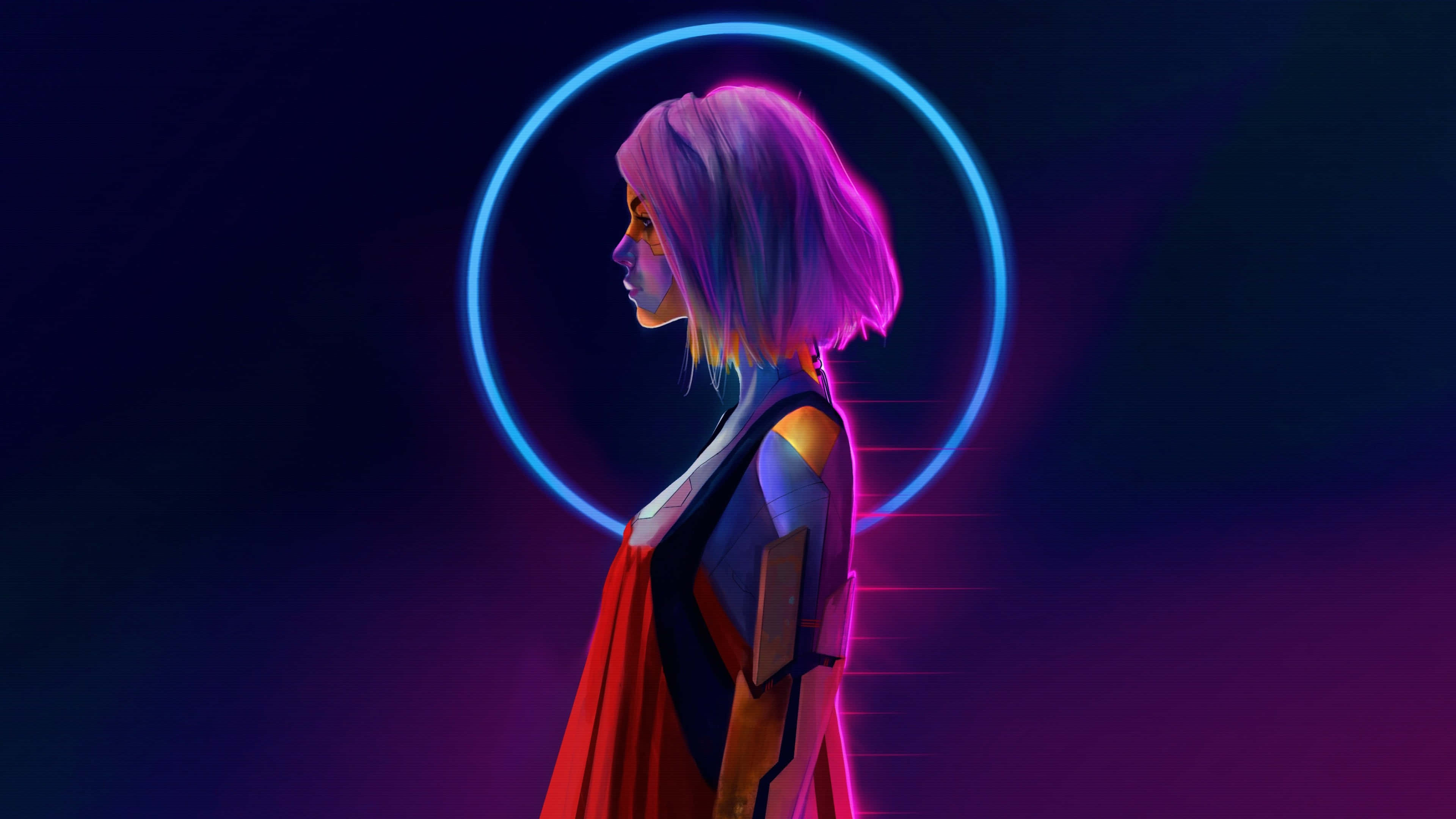 cyberpunk, neon blue ring, glowing purple hair, 4K Desktop Wallpaper