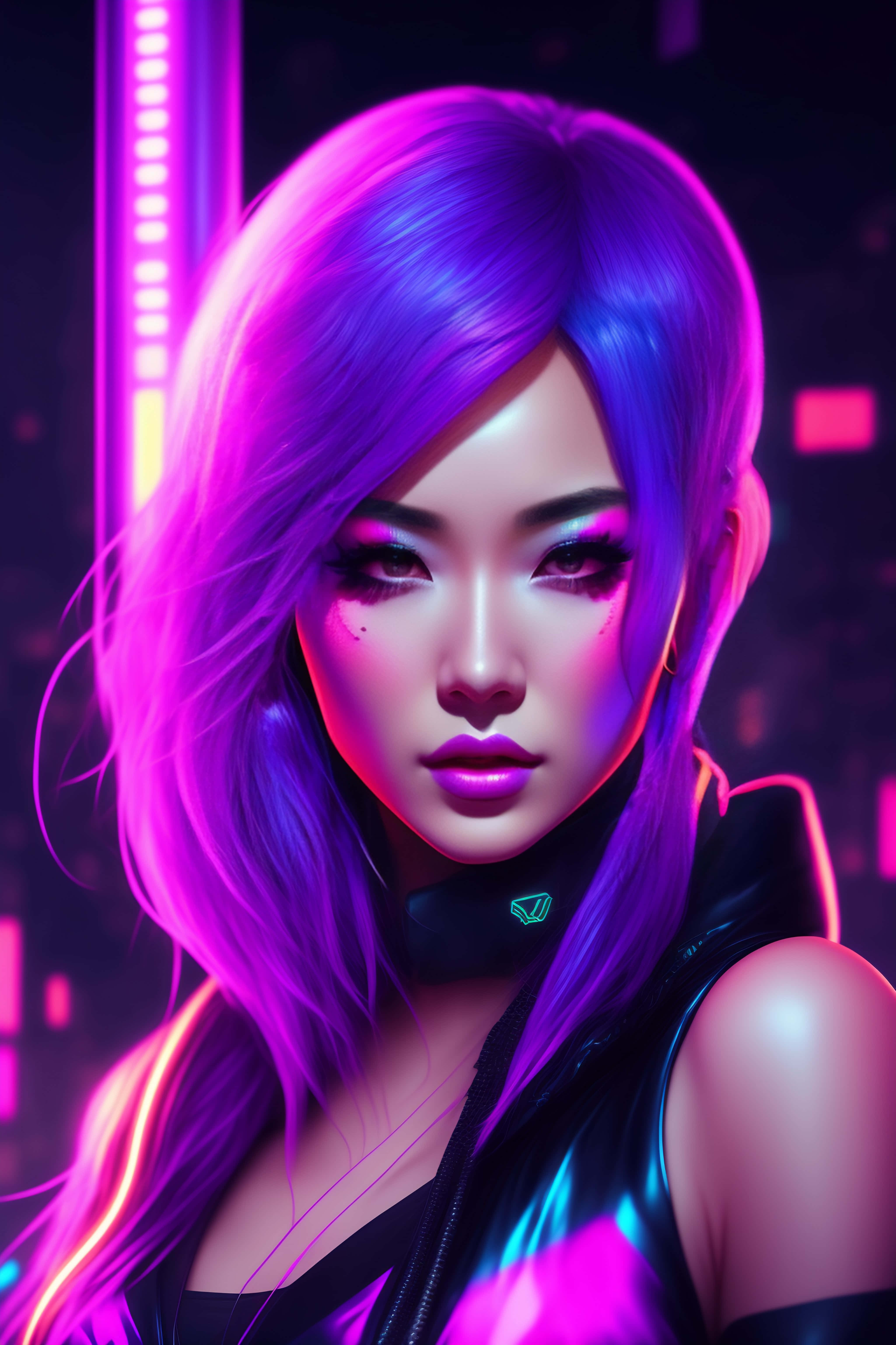 cyberpunk, neon glow, purple hair, 5K Phone Wallpaper