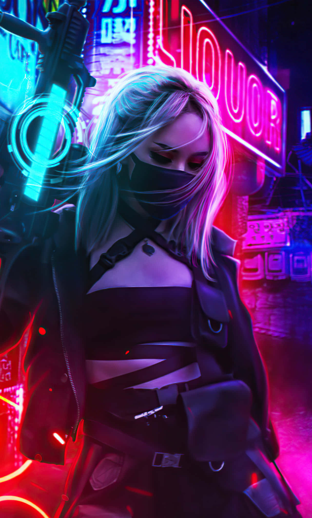cyberpunk female warrior, neon hair, rain-slicked alley, Full HD Phone Wallpaper