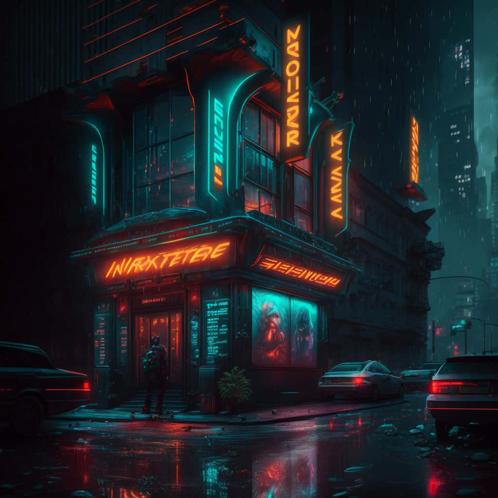 Neon Noir Cyberpunk Corner Store, neon-lit cyberpunk theater, red and teal neon, SD Desktop Wallpaper