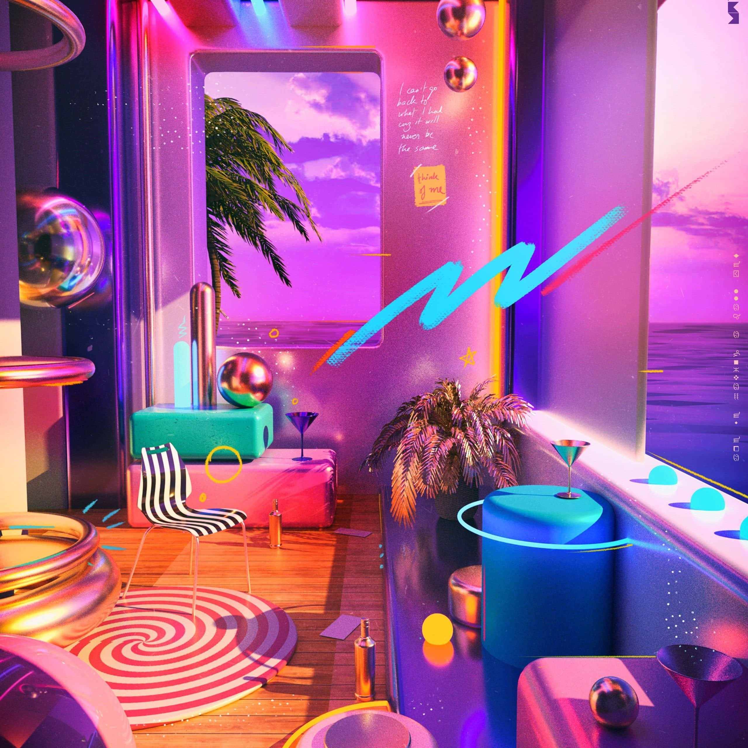 Neon Cyberpunk, beachfront balcony, palm trees, 2K Desktop Wallpaper