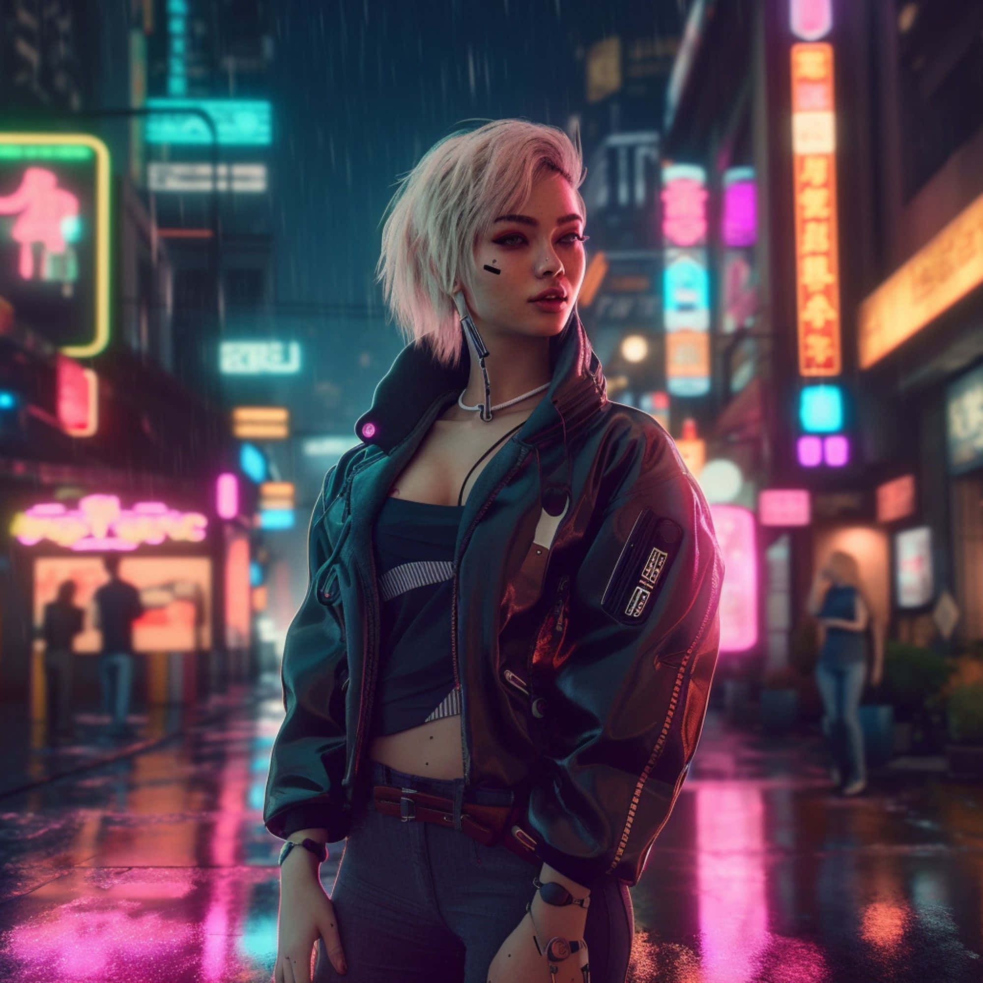 cyberpunk, rainy night, neon-lit city street, Full HD Desktop Wallpaper
