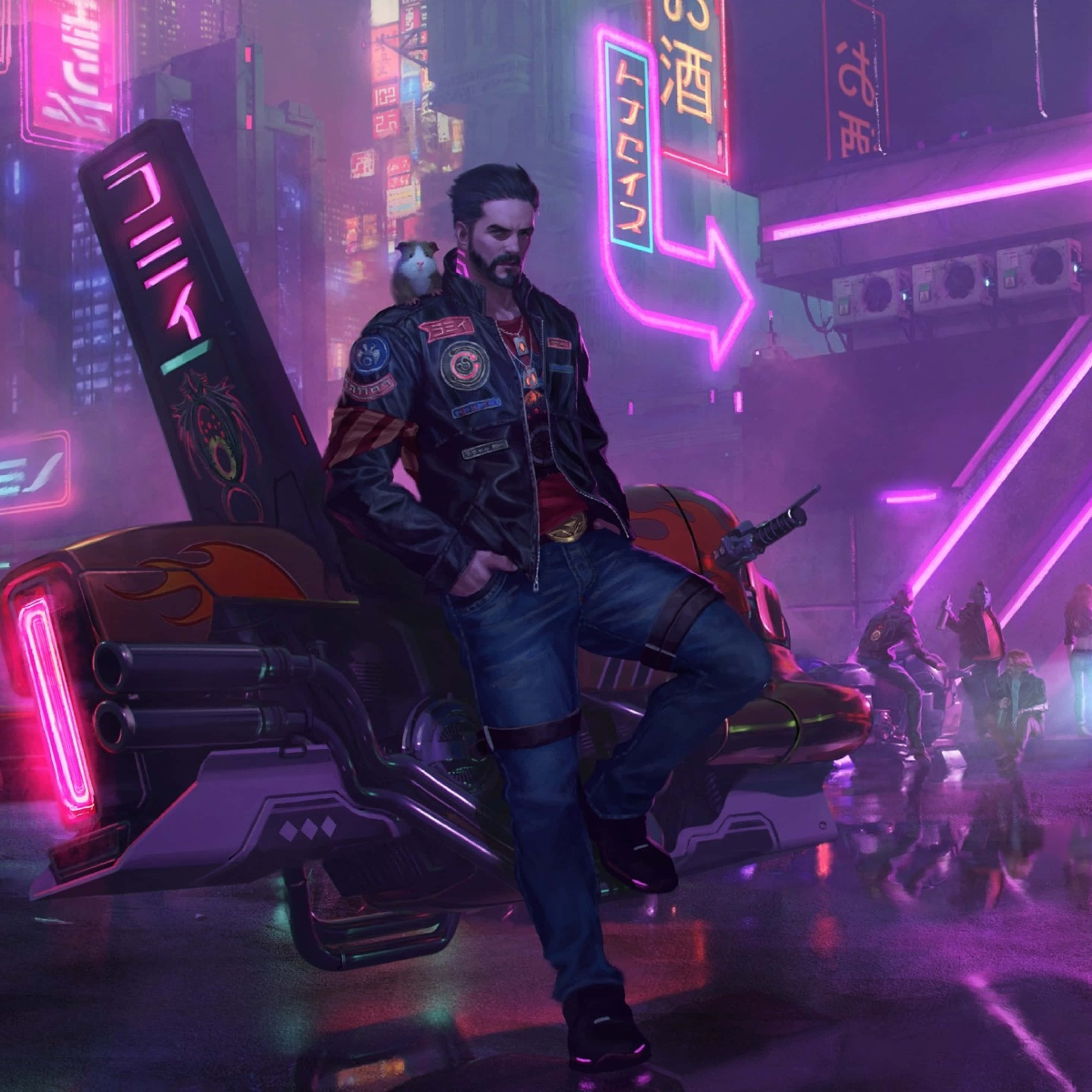 Cyberpunk Cityscape With Character.JPG, neon-lit motorcycle, rain-slicked Tokyo alley, 2K Desktop Wallpaper