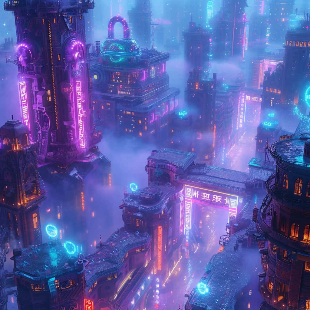 Neon Cyberpunk Cityscape, neon purple blue, orange lights, SD Desktop Wallpaper