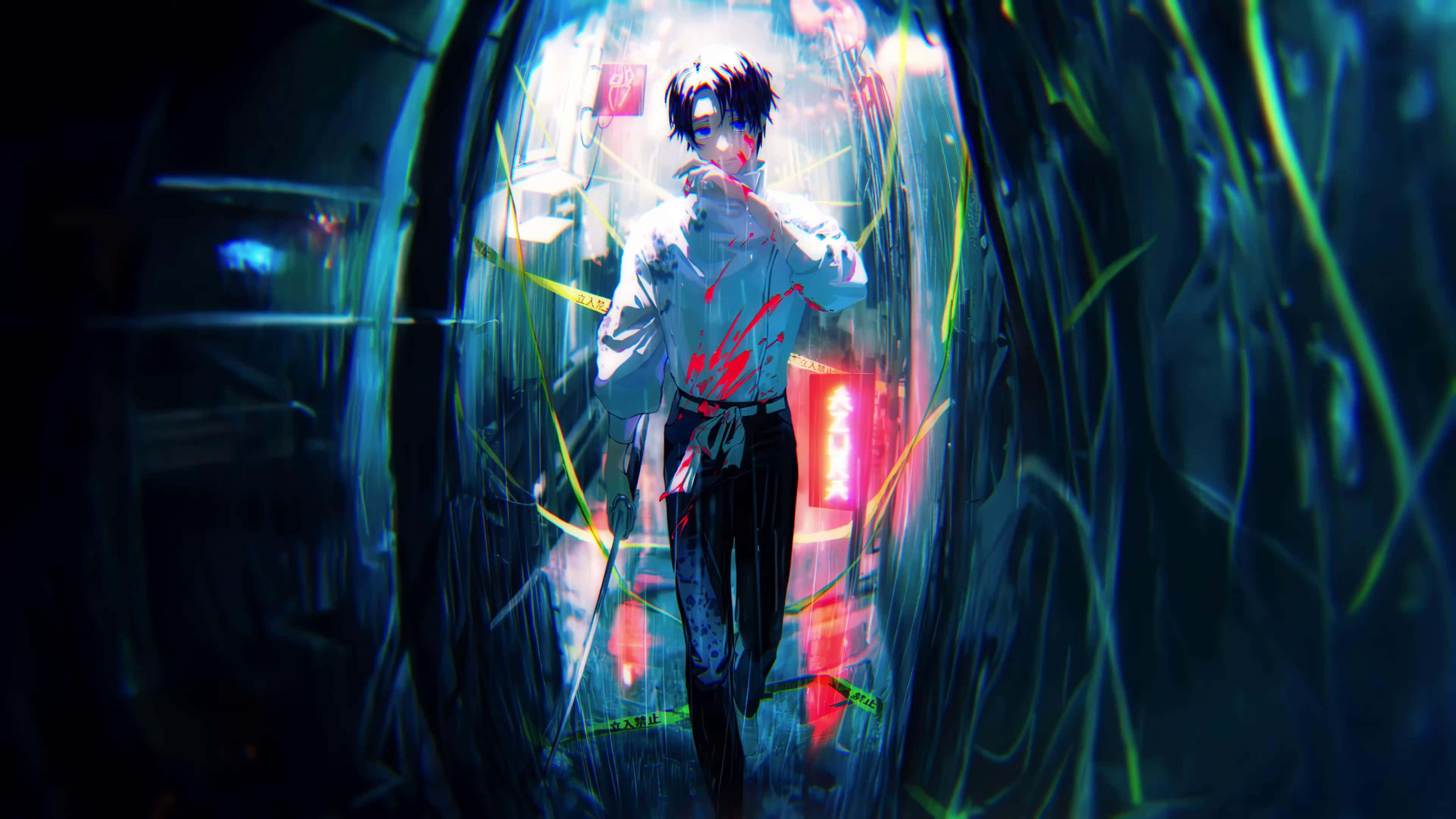 Cyberpunk Anime Character, neon-lit tunnel, glowing green wires, 4K Desktop Wallpaper
