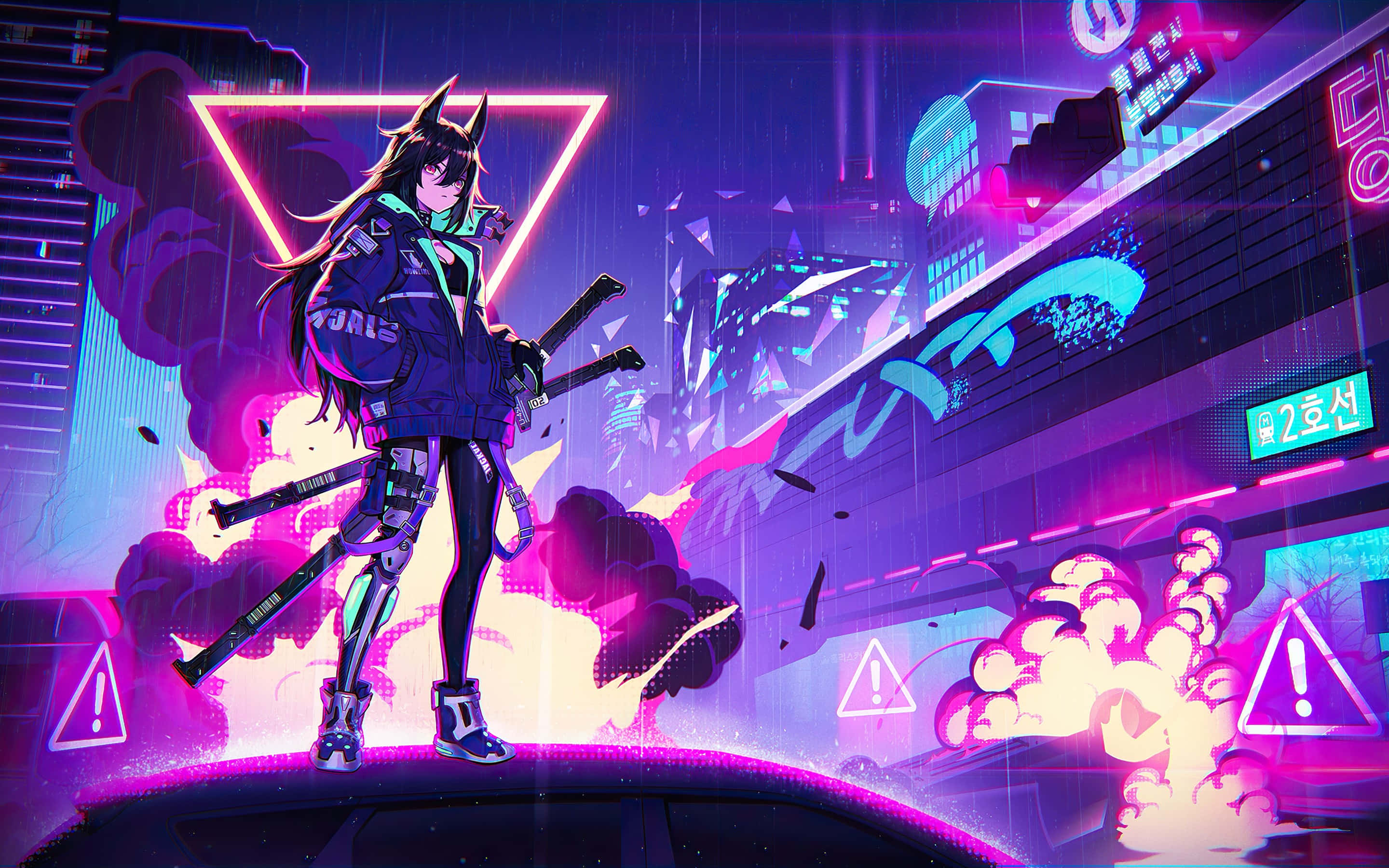 Cyberpunk Anime Girlin Neon City, neon-drenched rain-soaked Seoul street, glowing signs, 2K Desktop Wallpaper