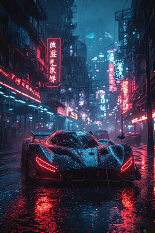 Cyberpunk Supercar, neon-lit street, rain-slicked, SD Phone Wallpaper