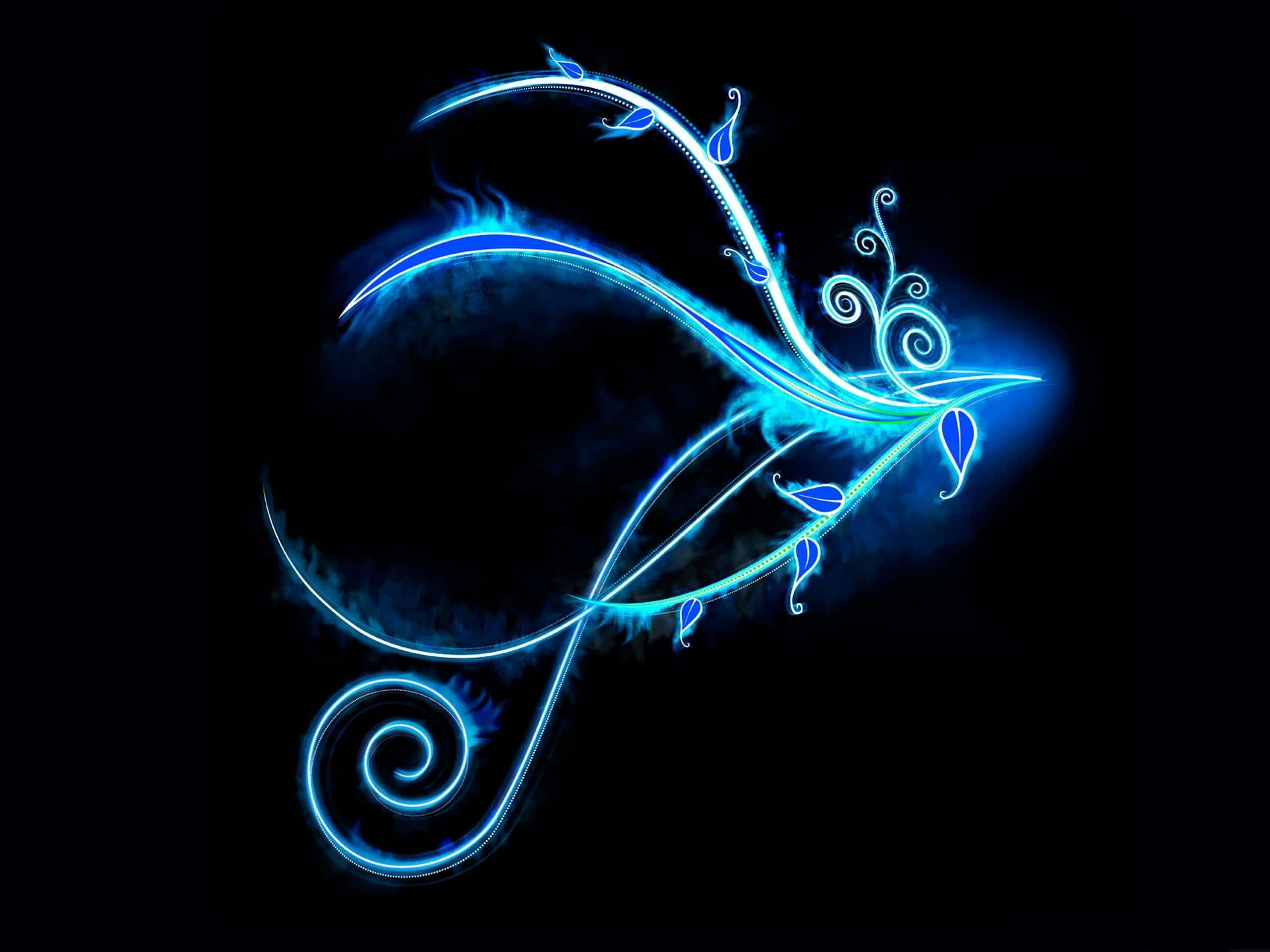 Black Neon Blue HD Swirl Art, glowing electric blue, leaf accents, 2K Desktop Wallpaper