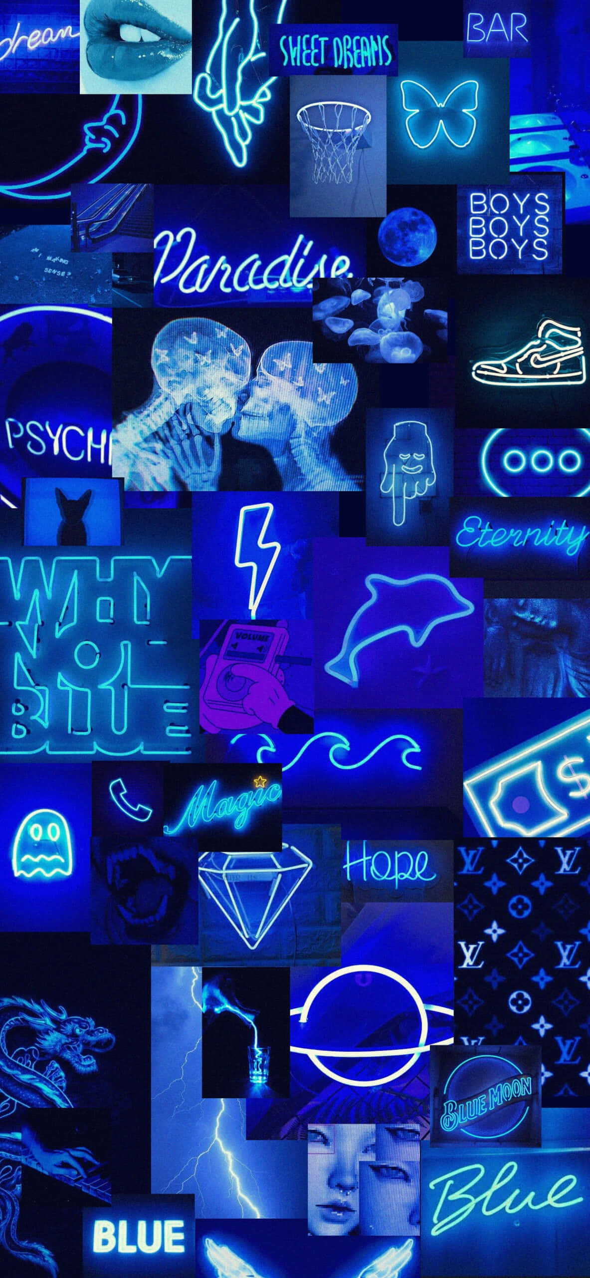 Neon Blue Aesthetic, glowing text icons, ghosts, 2K Phone Wallpaper