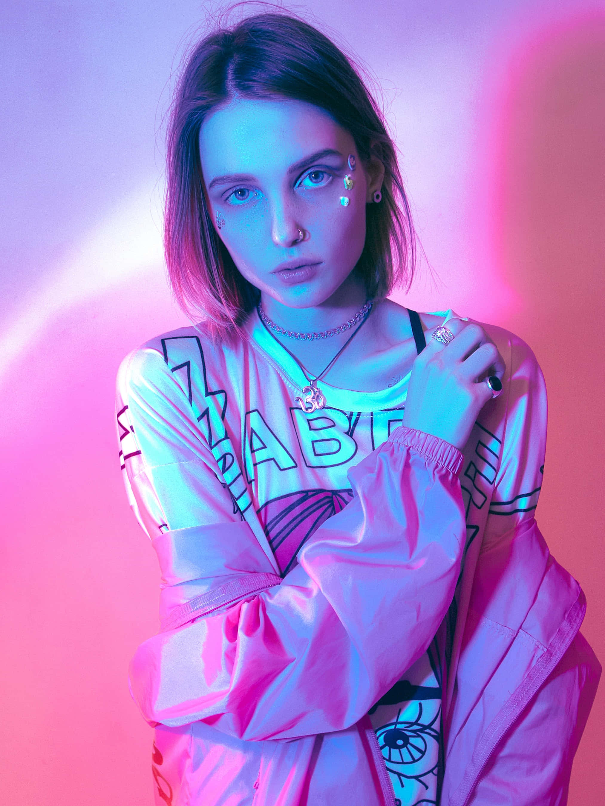 urban girl, neon fashion, pink and blue neon-lit studio, 2K Phone Wallpaper