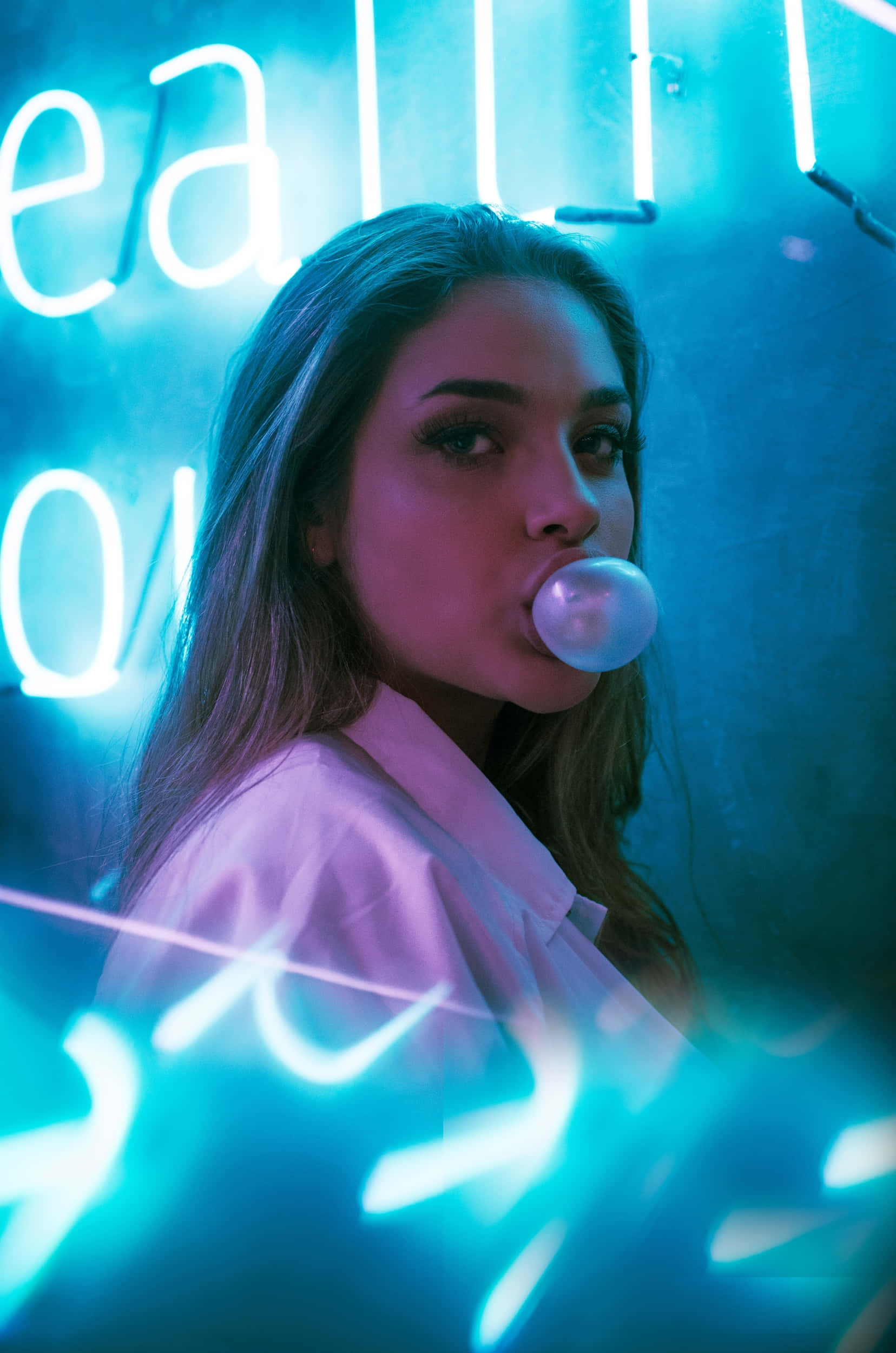 neon fashion, glowing blue neon lights, smoky urban night scene, Full HD Phone Wallpaper