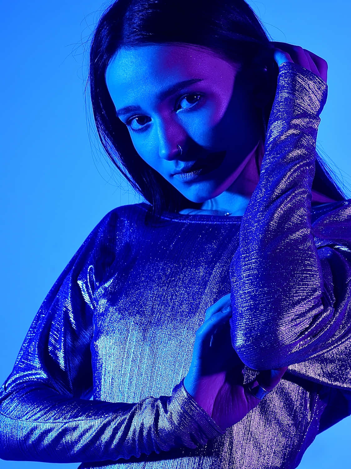 neon lighting, vibrant blue background, shimmering metallic top, HD Phone Wallpaper