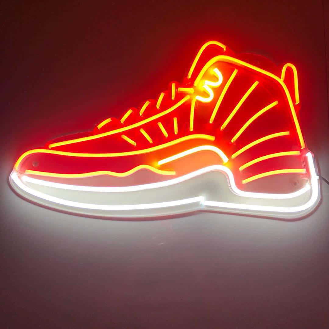 glowing neon sign, red and white basketball sneaker, dark wall, SD Desktop Wallpaper