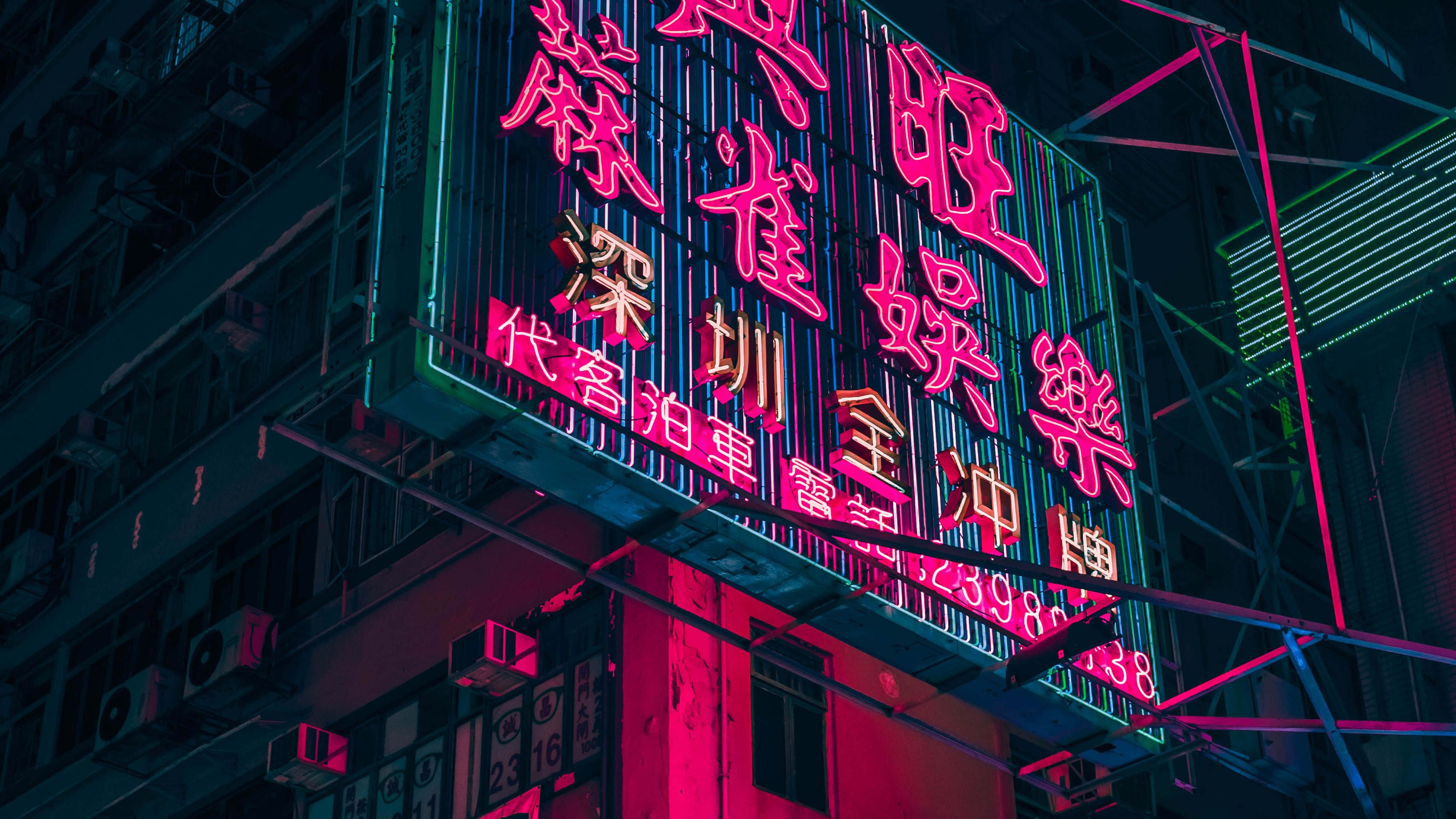 neon lights aesthetic, pink and teal neon signs, dark urban building facade, 4K Desktop Wallpaper