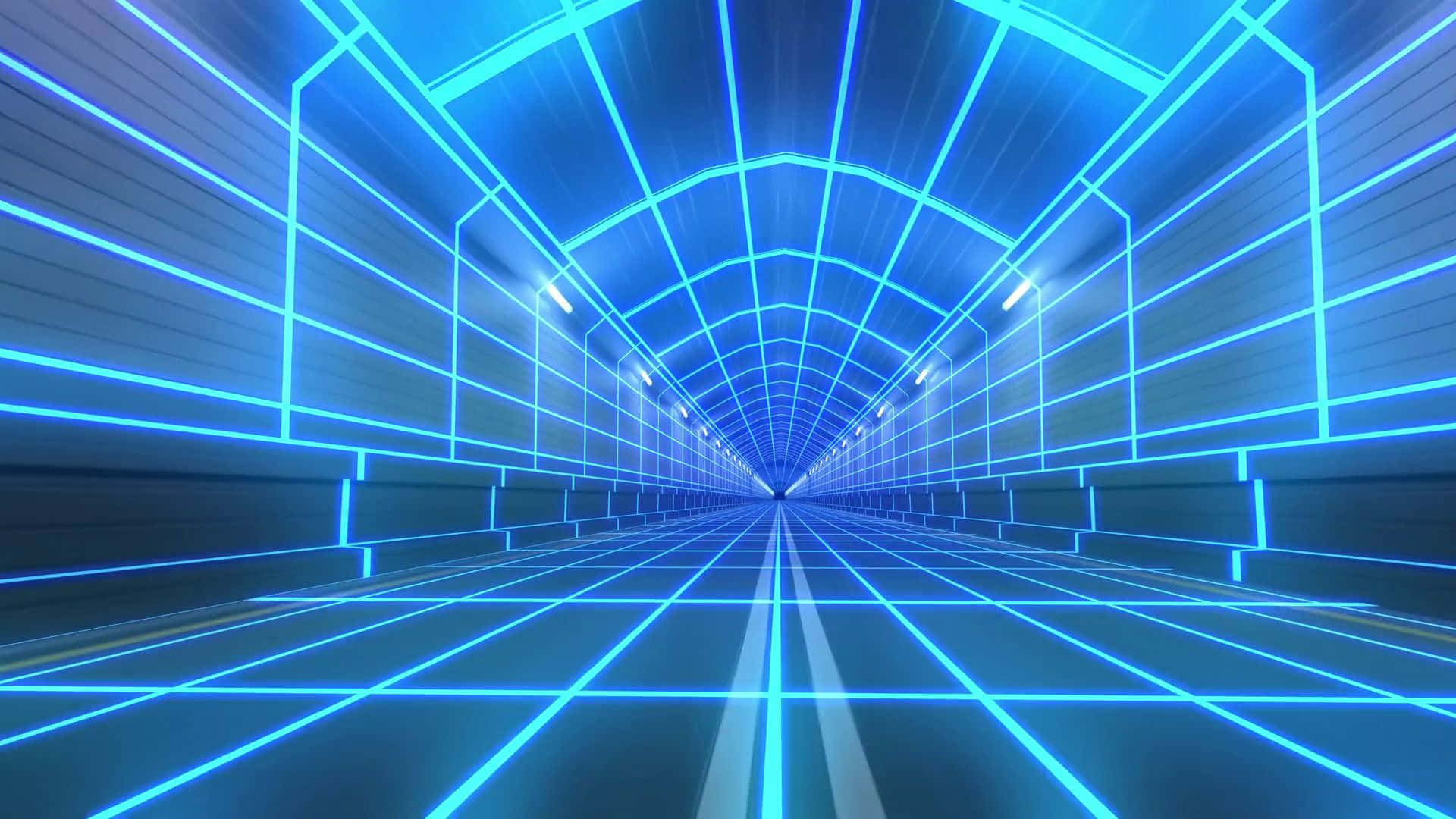 80s neon, futuristic blue neon grid tunnel, glowing vanishing point, Full HD Desktop Wallpaper