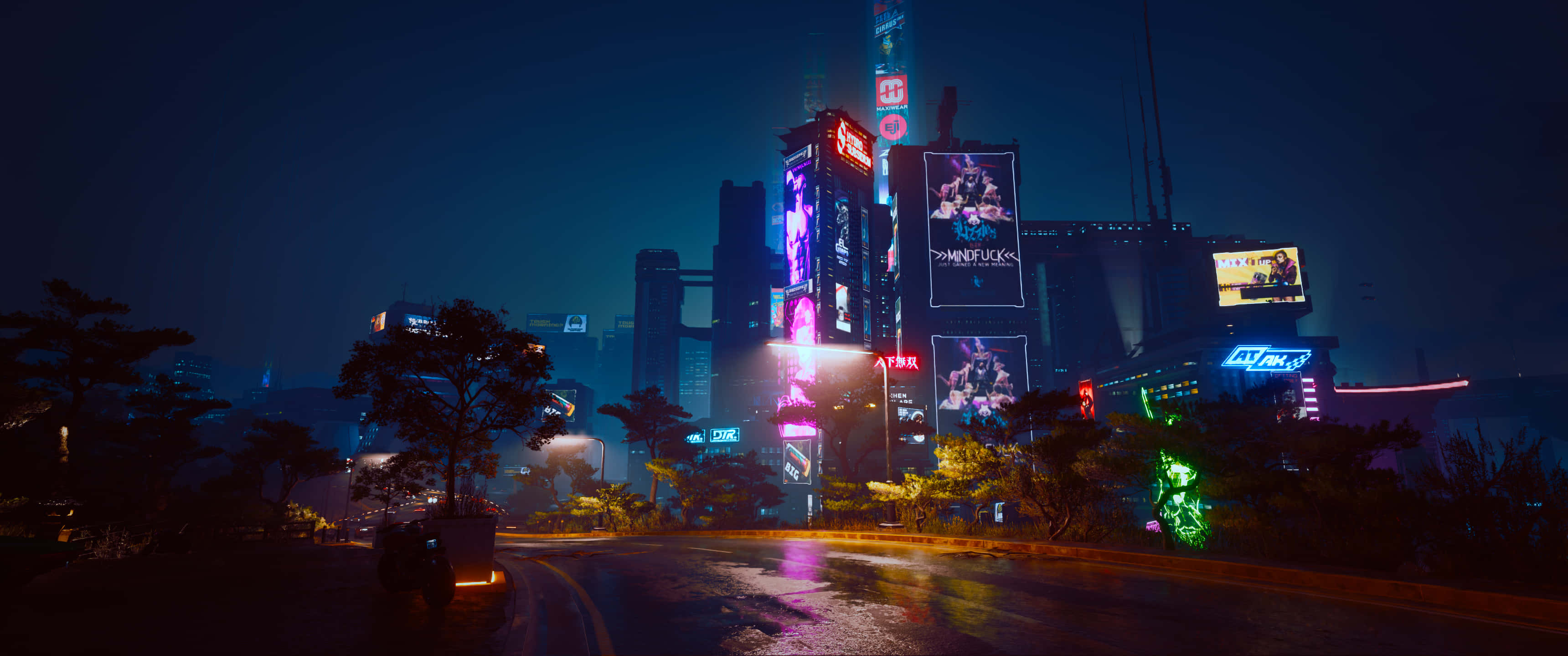 neon-lit city street, towering billboards, rain-slicked, 2K Desktop Wallpaper