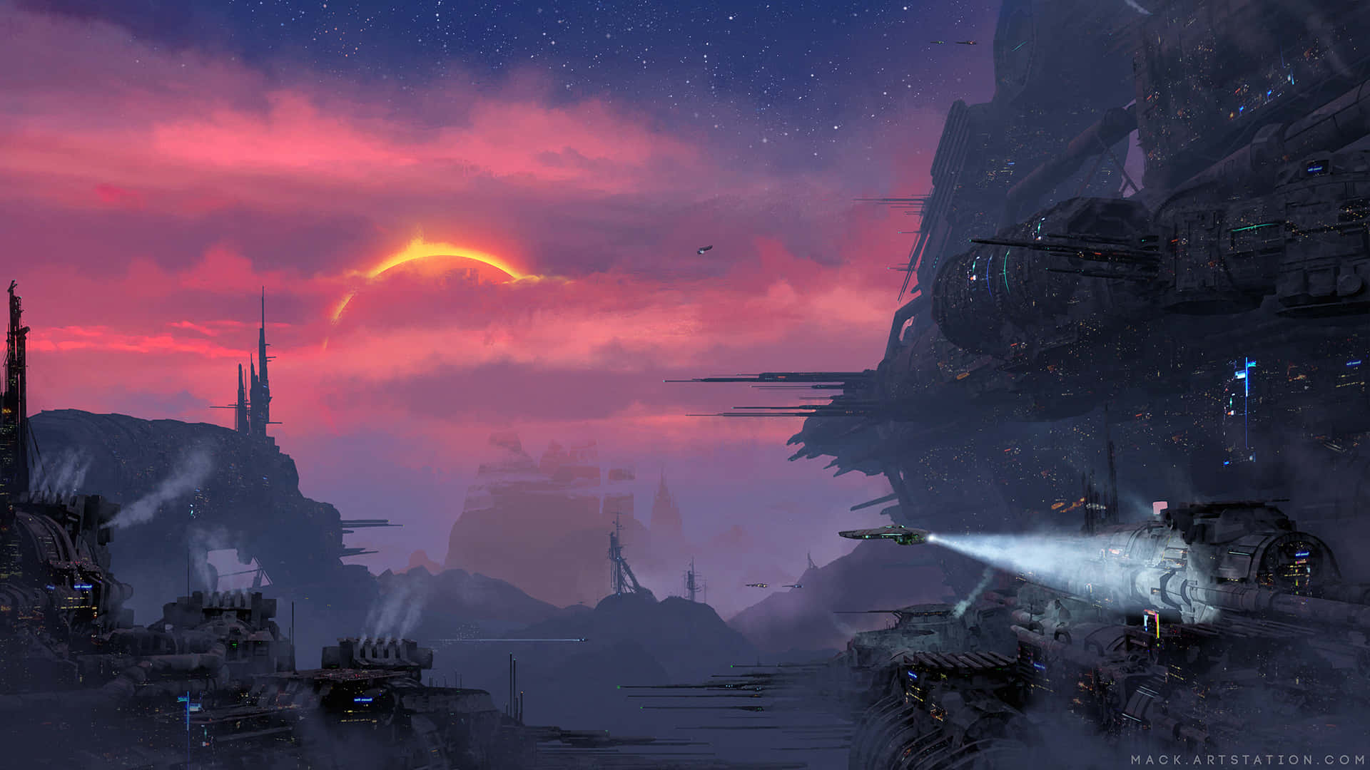 futuristic cityscape, sunset, glowing spacecraft, Full HD Desktop Wallpaper