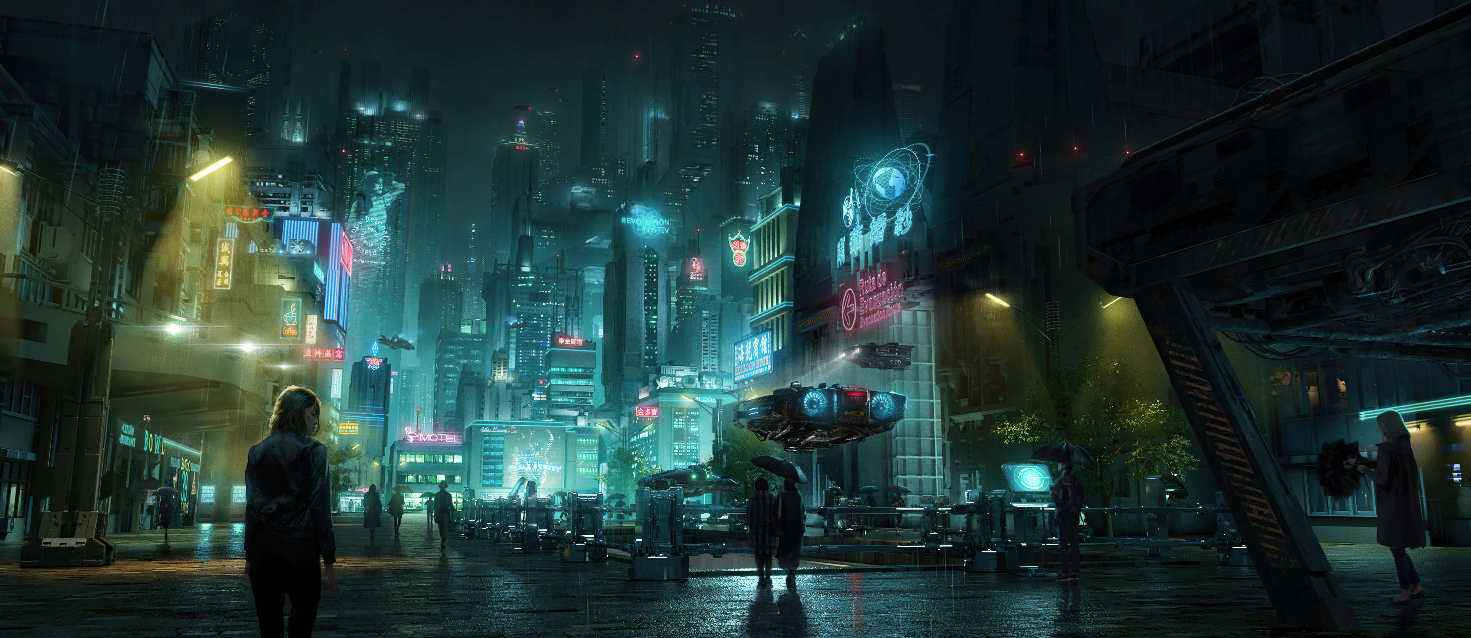 cyberpunk cityscape, night, rain-slicked, 5K Desktop Wallpaper