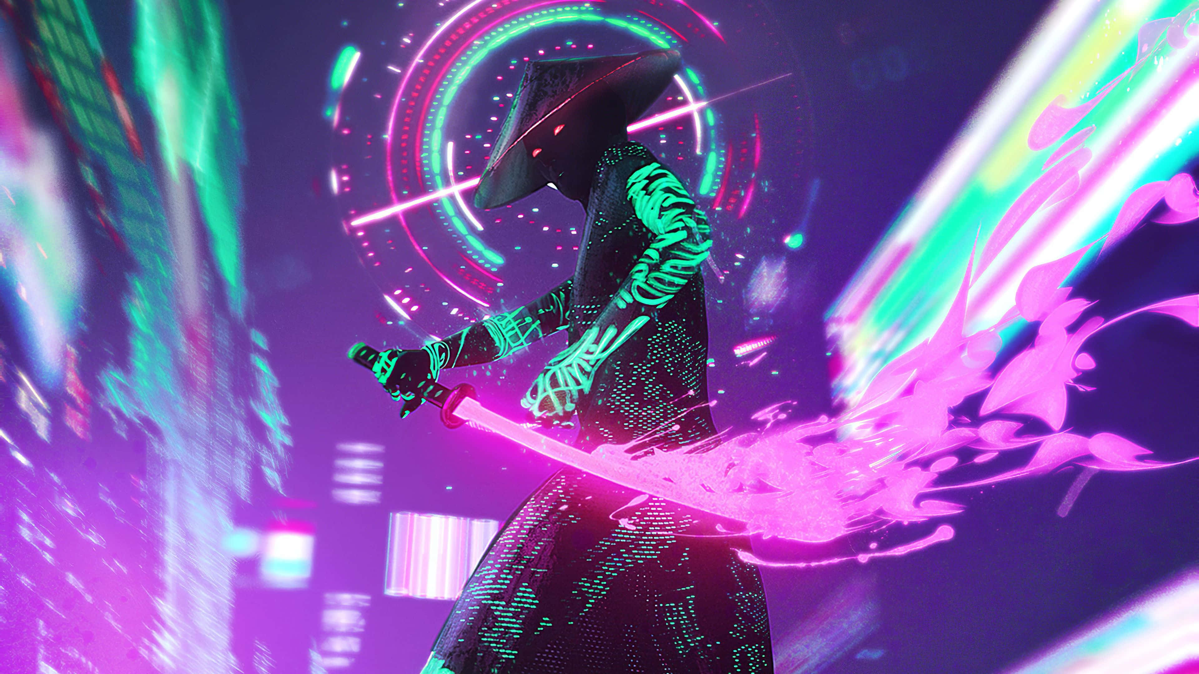 cyberpunk ninja, glowing sword, neon-lit digital swirls, 4K Desktop Wallpaper