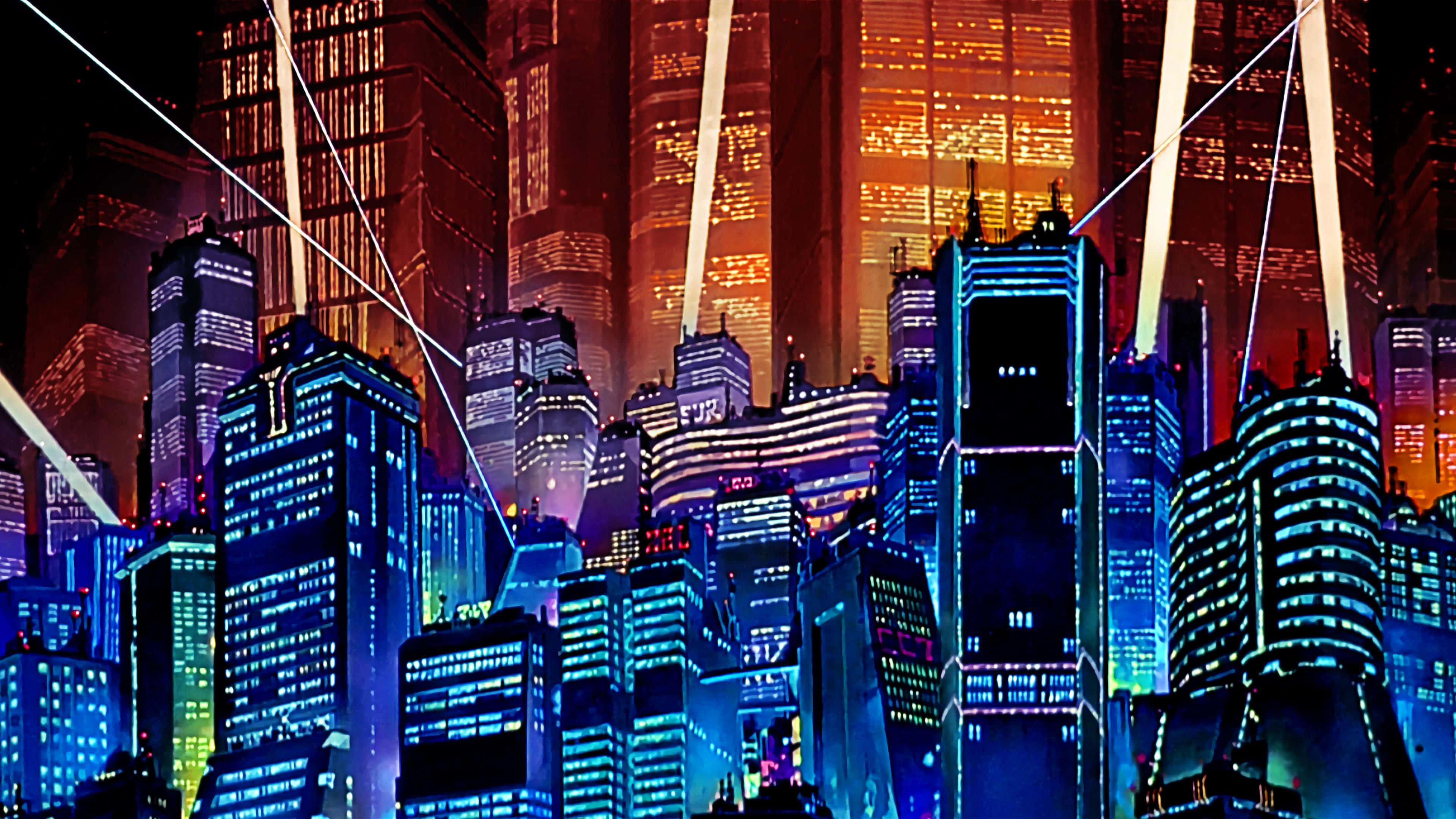 futuristic cityscape, towering skyscrapers, electric blue, 2K Desktop Wallpaper