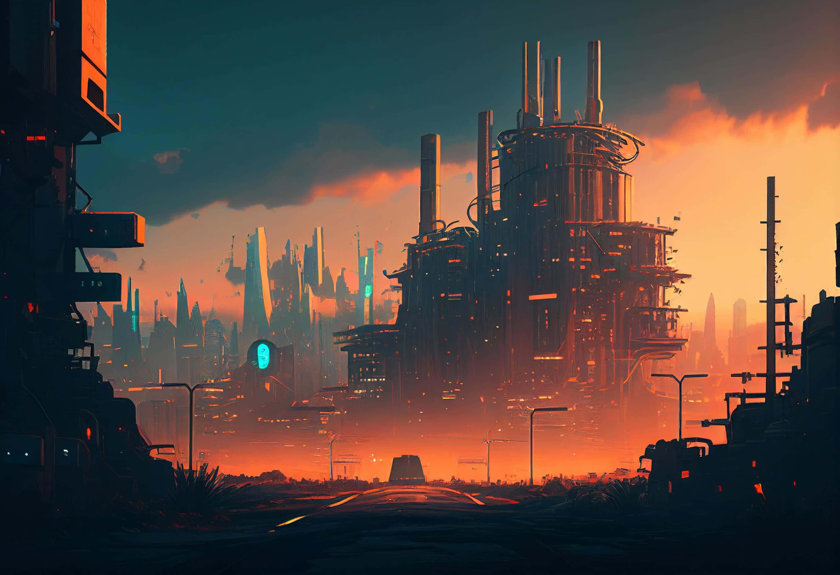 Neon Future, cityscape, sunset, 2K Desktop Wallpaper