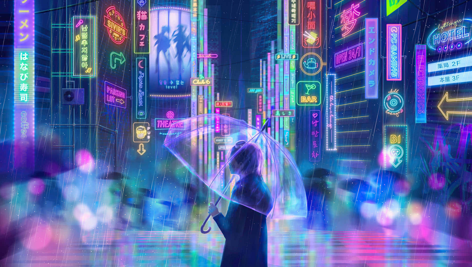 Neon Future, cityscape, umbrella walker, Full HD Desktop Wallpaper