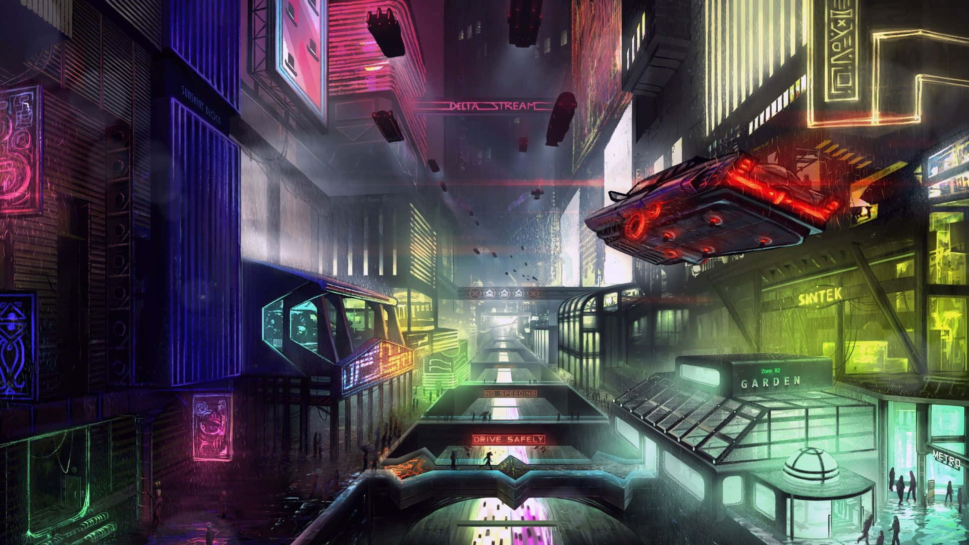cyberpunk cityscape, flying cars, towering skyscrapers, Full HD Desktop Wallpaper