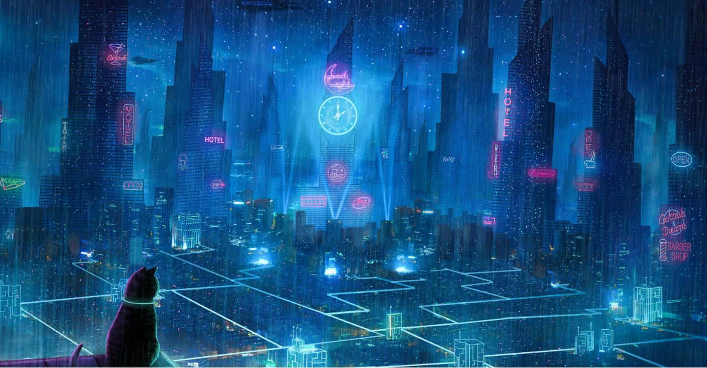 cyberpunk cityscape, cat observer, neon-lit skyscrapers, HD Desktop Wallpaper